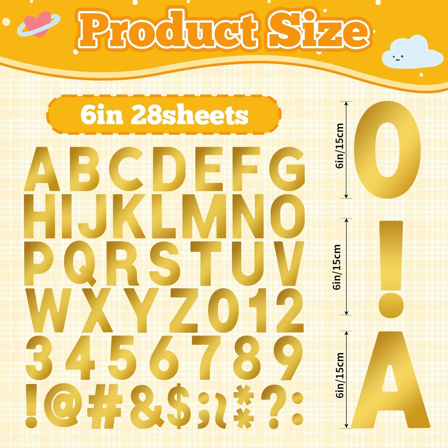 6 Inch Gold Letter Stickers, 188 Pcs Large Alphabet and Number Stickers, Big Font Bulletin Board Letters, Self-Adhesive Vinyl Stick On Letters for Poster Board Party Backdrop Mailbox Crafts Home