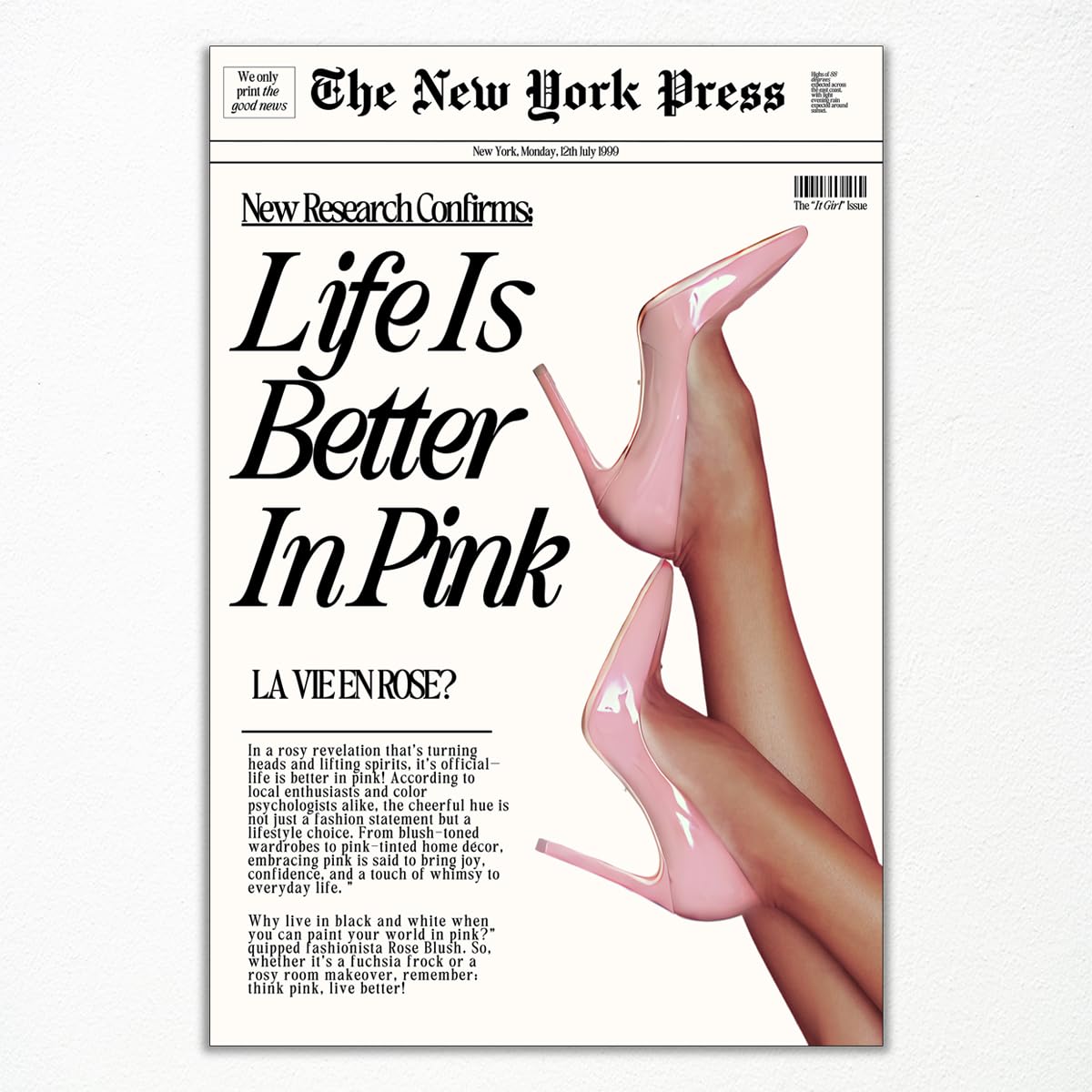 Retro Newspapaer Canvas Wall Art, Funny Life Is Better In Pink Quote Poster, Funky Pink High Heel Picture Girls Bedroom Wall Decor, Trendy News Headline Girly Dorm Apartment Art 12x16in Unframed