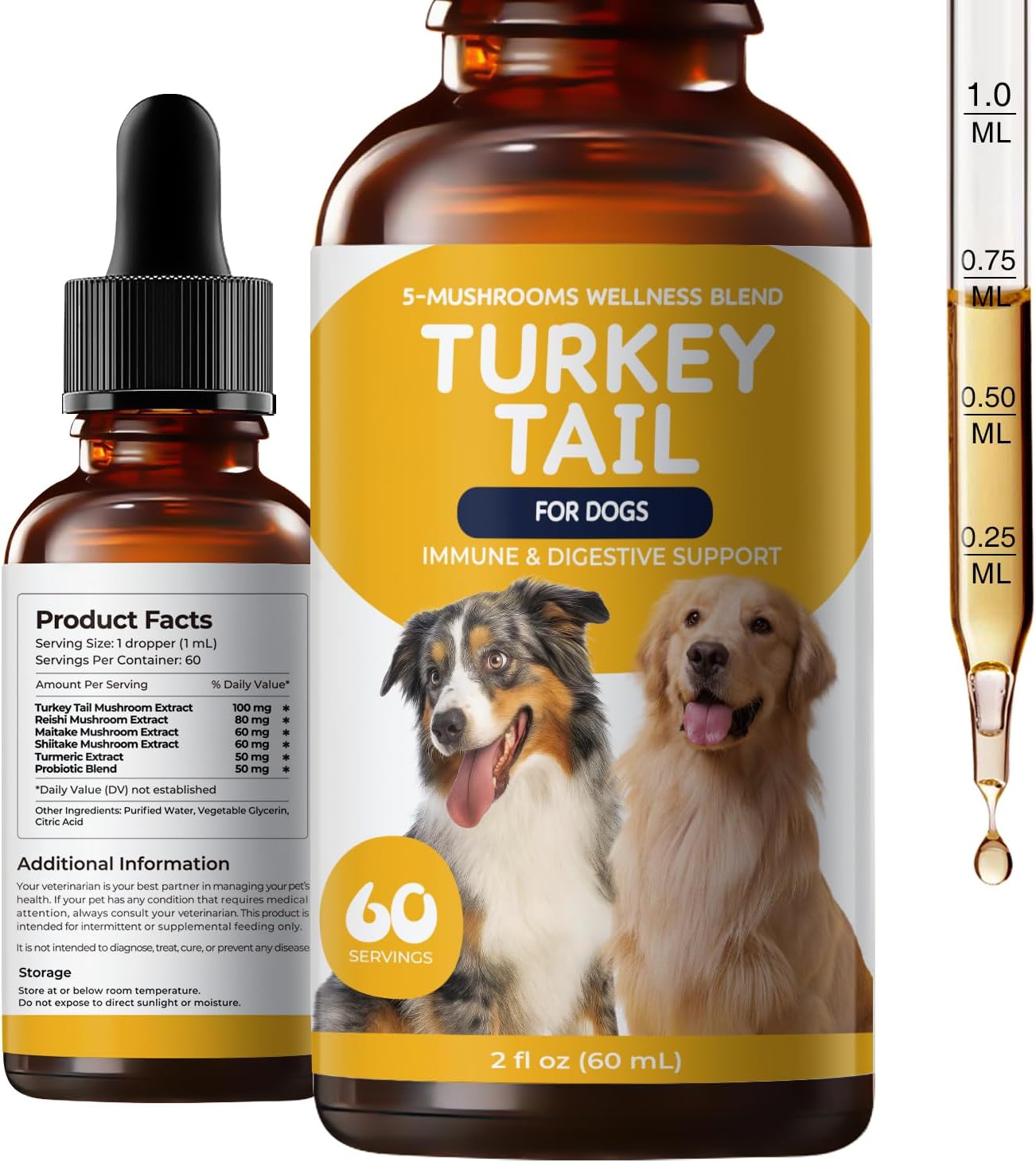 Turkey Tail Mushroom for Dogs - Lipoma Treatment for Dogs & Lumps and Bumps Support - Dog Immune Defense & Digestive Support Liquid Drops - Mushroom Dog Supplements with Probiotic Blend, 60 ml