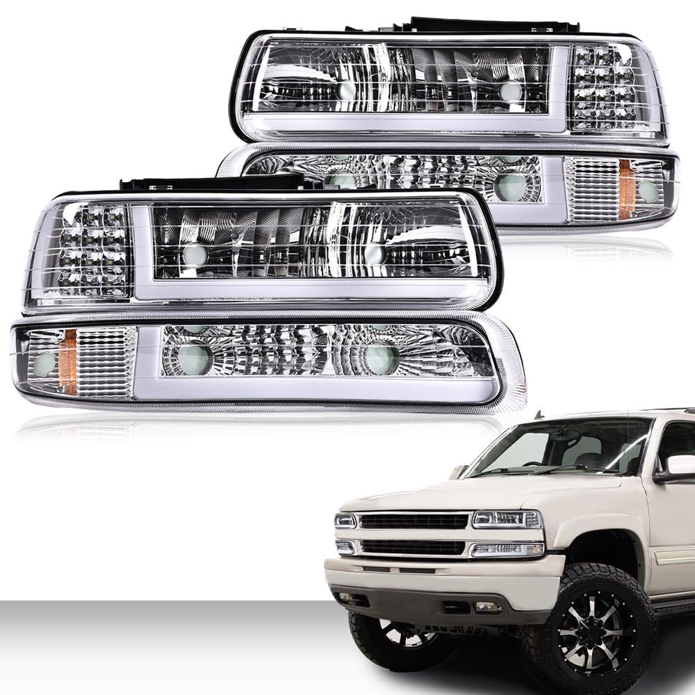 CNNELL LED Headlights Assembly Compatible with Chevy Silverado 1999-2002/Fit Suburban Tahoe 2000-2006 Clear Lens Chrome Housing Amber Reflector Front Lamps Left Diver & Right Passenger Side Set