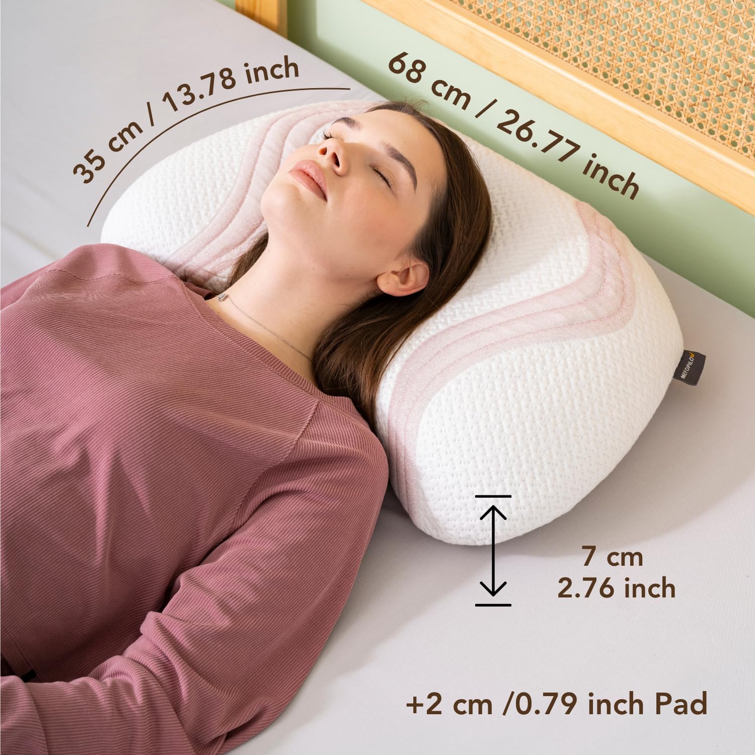 Almohada de belleza de espuma viscoelástica para dormir, 68 x 35 x 7 + 2 cm, almohadilla de extracto de Hydra, almohada viscoelástica, almohada ergonómica para el cuello, cojín de apoyo