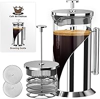 Cafe Du Chateau 34oz Stainless Steel French Press - 4-Level Filtration Insulated Glass Coffee & Tea Maker for Camping, Travel