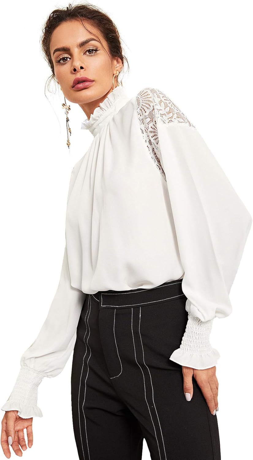 Floerns Women's Long Puff Sleeve Mock Neck Sheer Chiffon Blouse Tops - Image 3