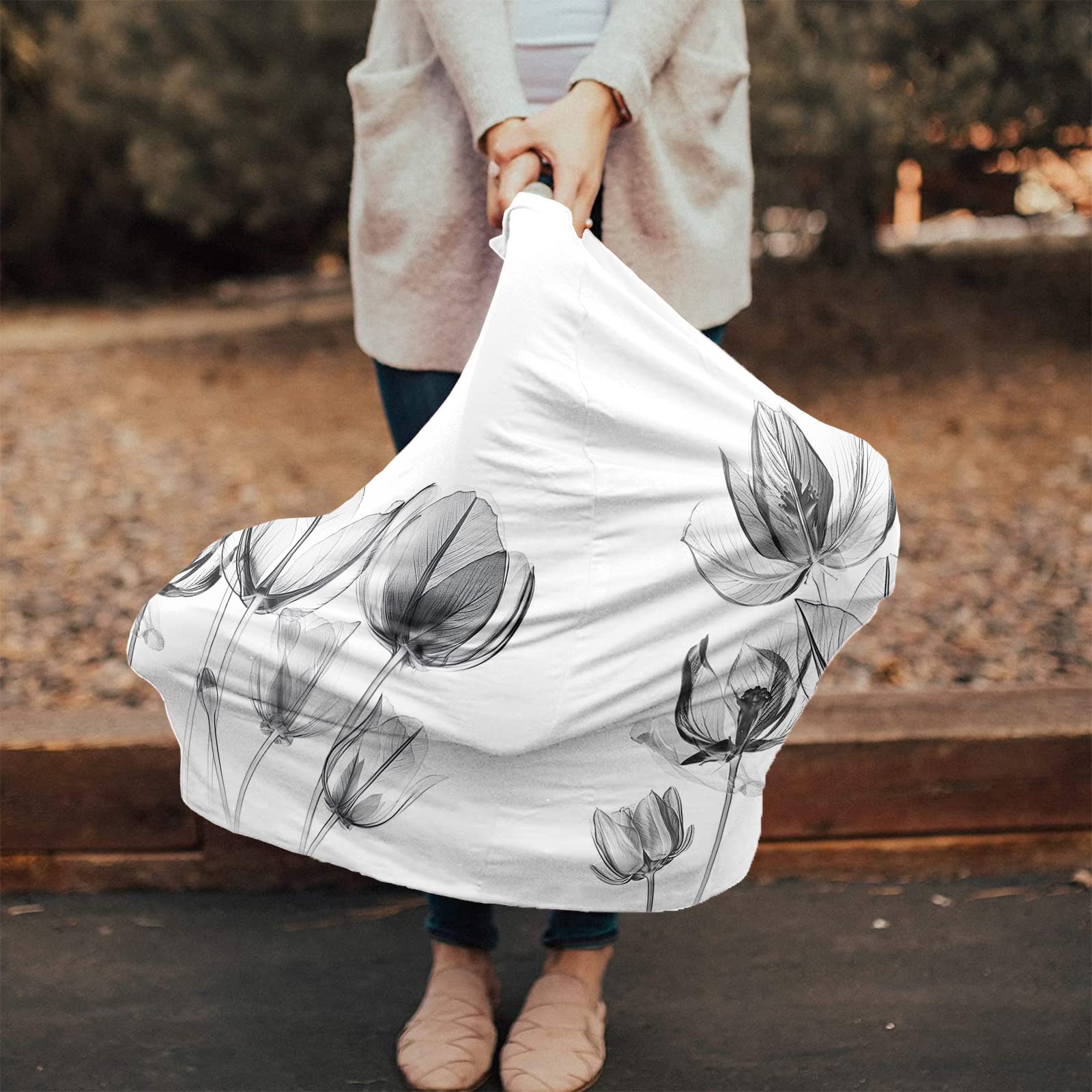 Nursing Cover for Breastfeeding Scarf, Black White Tulips Abstract Flowers Baby Car Covers Super Soft Multi Use for Canopy Shopping Cart Cover Blanket Stroller Cover