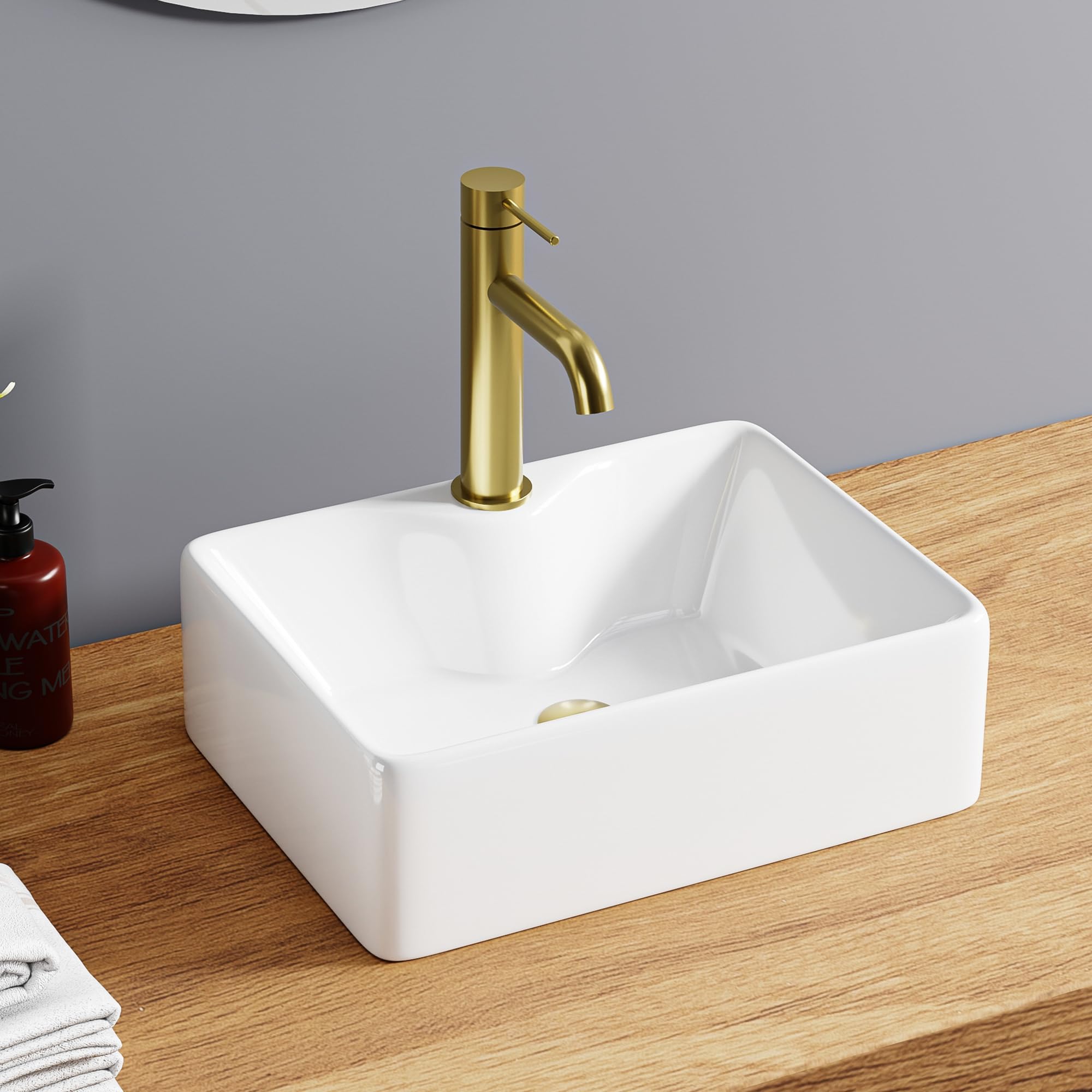 Lavabo rettangolare in ceramica bianca 40 x 30 x 13 cm – Lavabo da appoggio con spiaggia per miscelatore – Design moderno con angoli arrotondati – ideale per il bagno contemporaneo – facile
