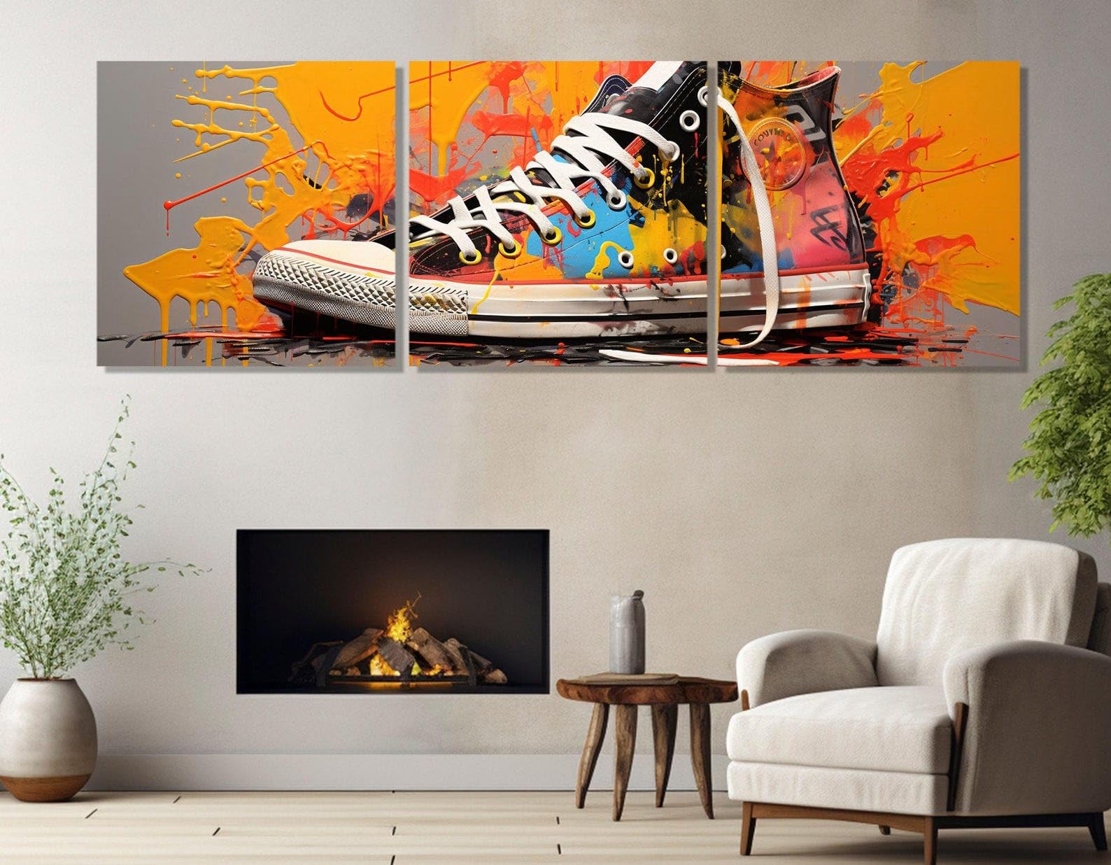 Décoration murale triptyque abstrait baskets graffiti 65 x 65 cm