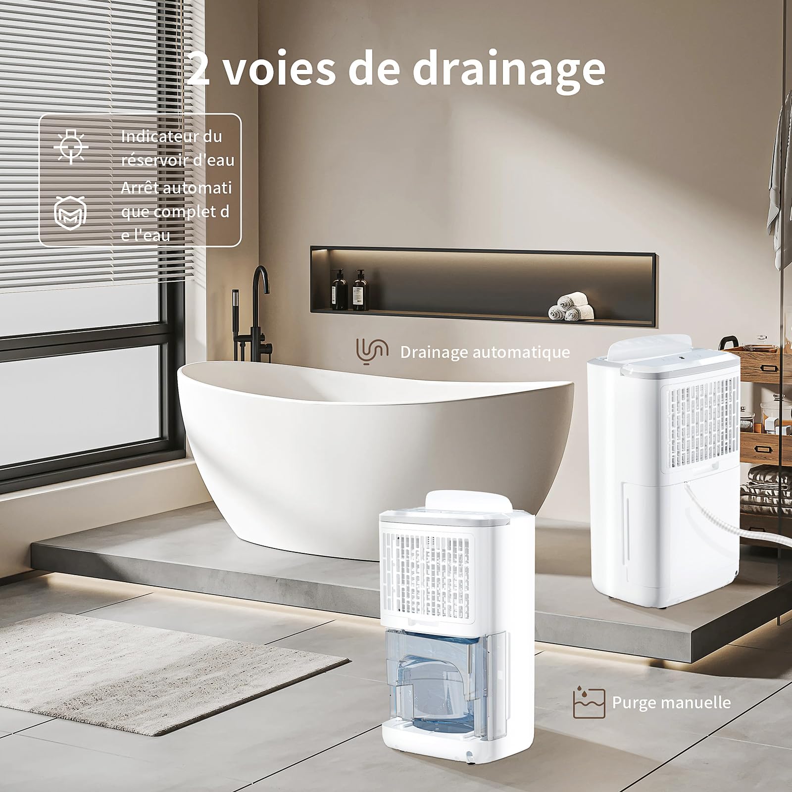 Déshumidificateur électrique OKYUK 12L/jour - Pour 40m² - Affichage Numérique - Arrêt Auto - Roulettes