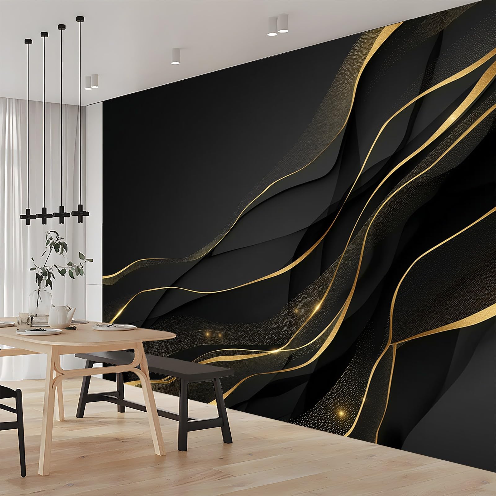 Panoramiczna tapeta luksusowa złota linia marmur czarne złoto 300 x 210 cm (szer. x wys.), panoramiczna gigantyczna tapeta 3D salon sypialnia jadalnia pokój dziecięcy dekoracje ścienne z włókniny