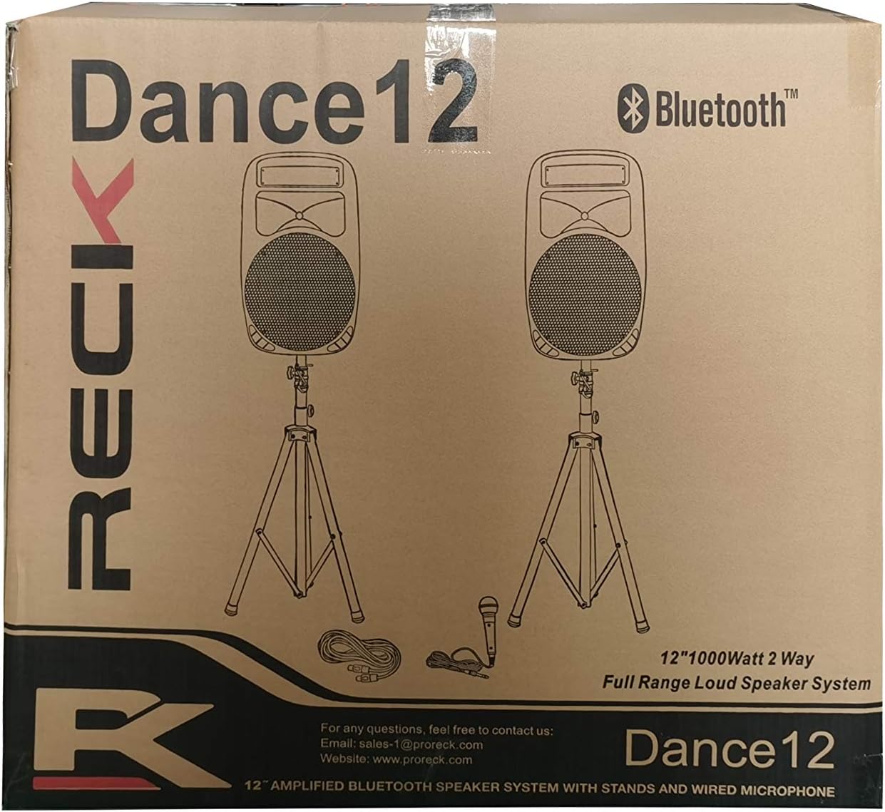 RECK DC 12 Portable 12-Inch 1000 Watts 2-Way Powered Dj/PA Speaker System Combo Set with Bluetooth/USB/SD Card Reader/FM Radio/Remote Control/Speaker Stands/Wired mic