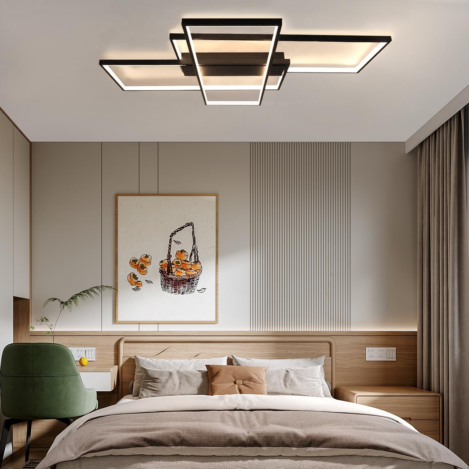 GBLY Nowoczesna lampa sufitowa LED - duża czarna lampa do salonu ściemniana za pomocą pilota Geometryczna lampa pokojowa 51W Oświetlenie sufitowe (100x70x8cm)