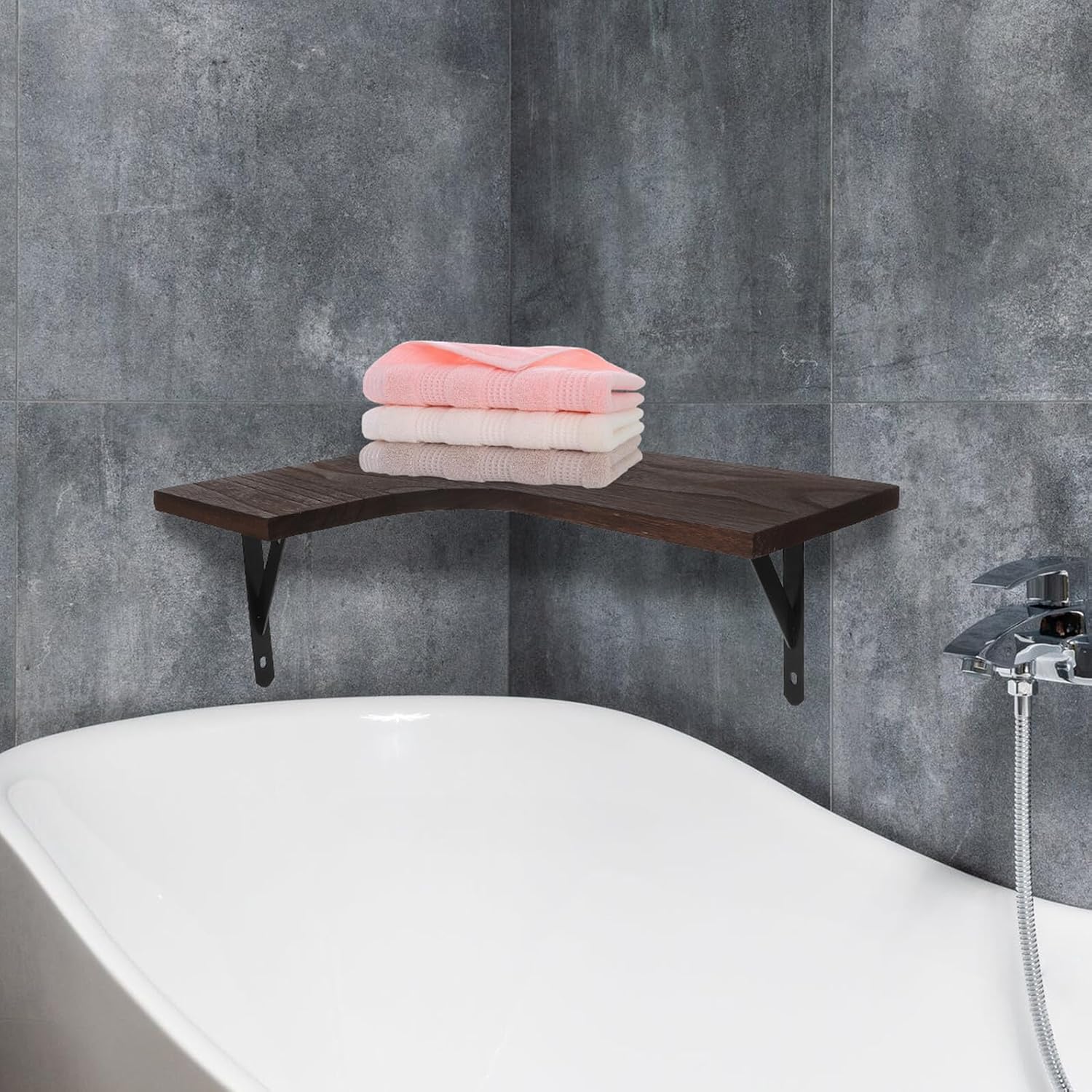 Hemoton Rustic 3-Tier Wall Mounted Corner Floating Shelf Set, Vintage Iron Frame with Wood Planks, Space-Saving Storage Rack for Living Room Bedroom Kitchen Decor