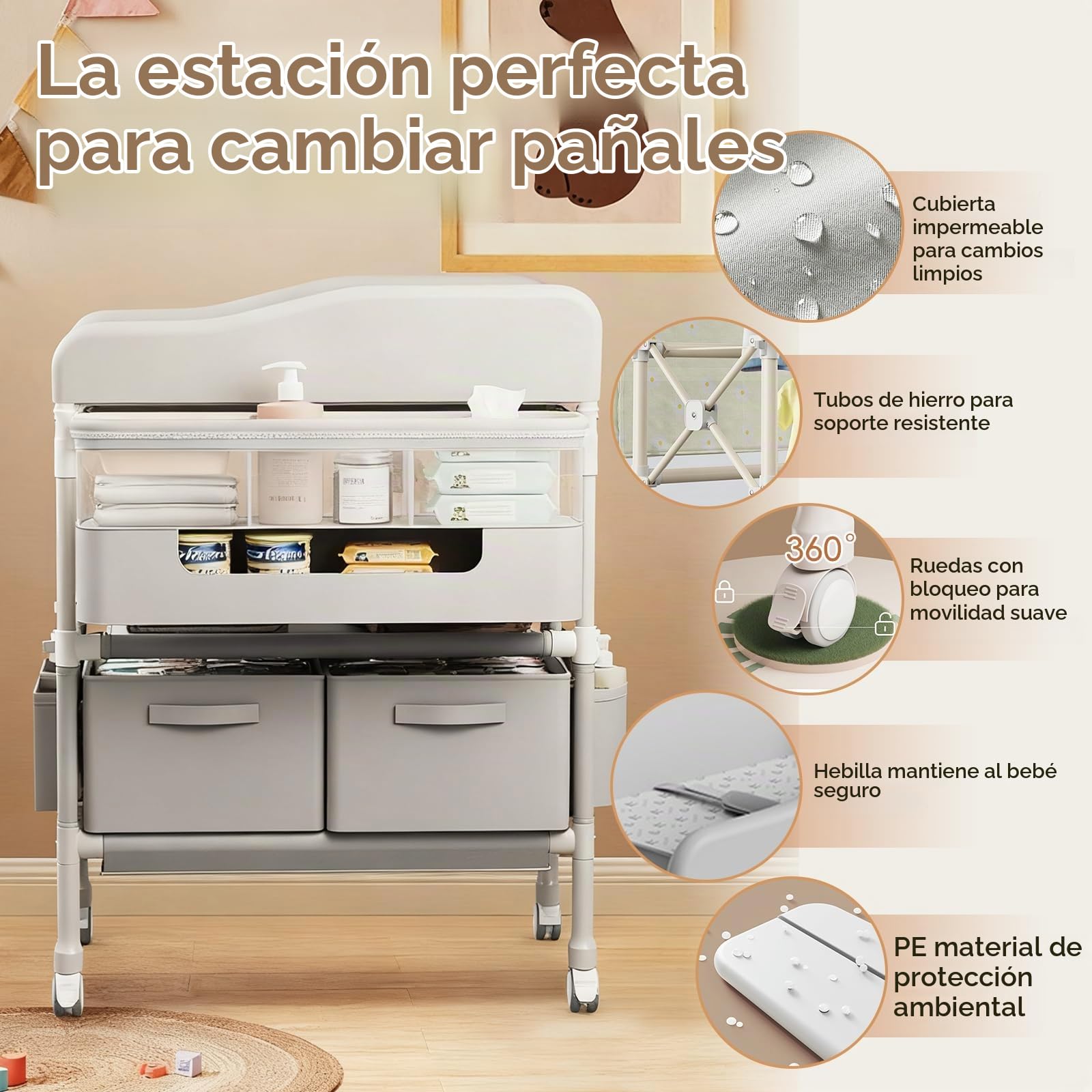 Cambiador Bebé, Cambiador bebe Plegable Portátil con Cesta Lateral, Altura Ajustable de 5 niveles, Ruedas Bloqueables, Organizador Multifuncional para Habitación Infantil, Carga 65kg (Gris)