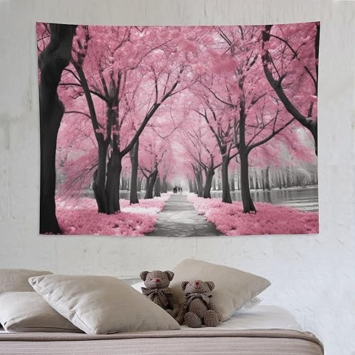 Miniatura 7 de BAHELS Tapiz de bosque floral rosa para decoración del hogar, flores de cerezo de primavera, tapiz de paisaje de flores francesas, tapiz para colgar