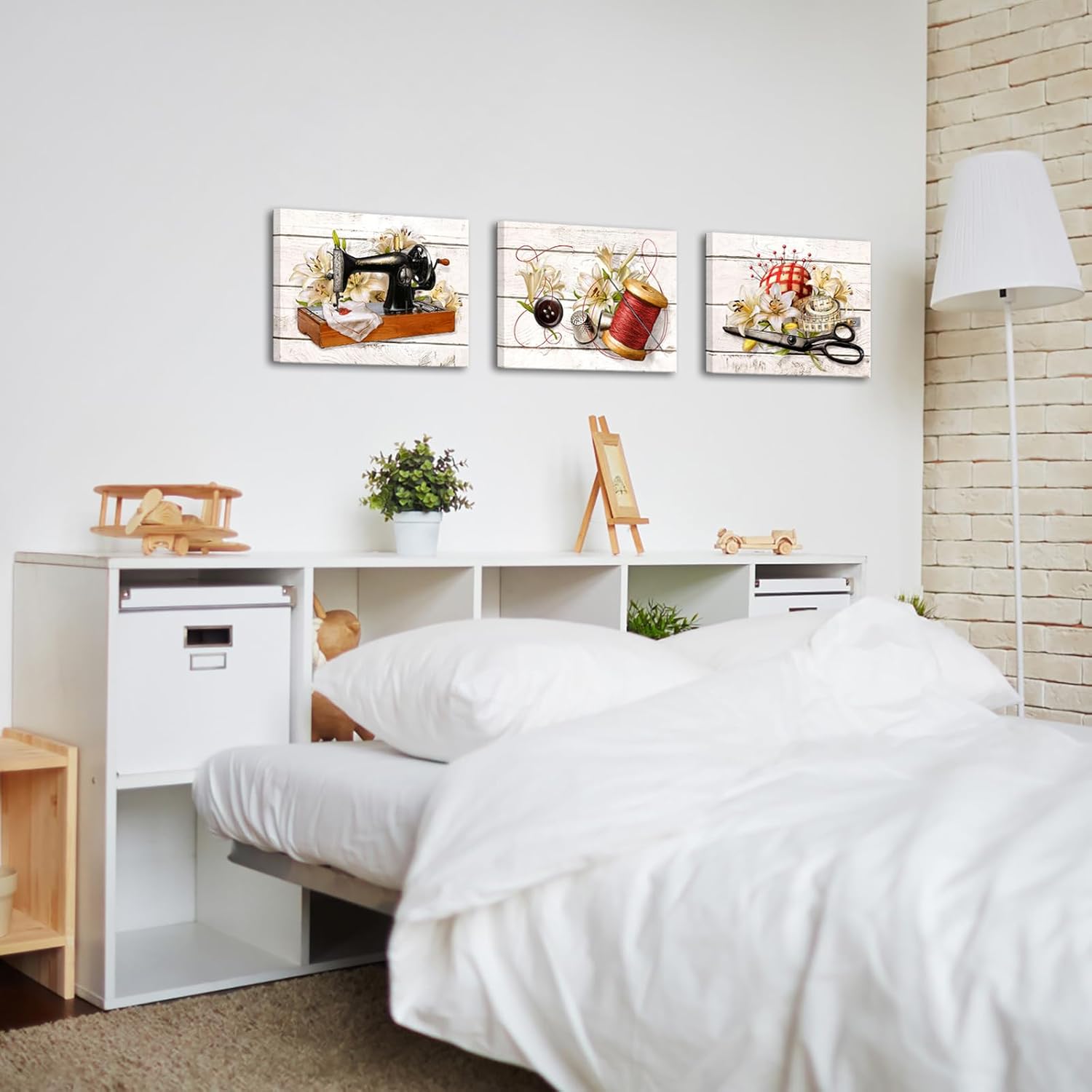 KREATIVE ARTS Retro Sewing Machine Canvas Print with Beautiful Lily Flower - Framed Farmhouse Art Wall Decor for Sewing Lovers, Home Sewing Room, 12x16'', 3 Pieces