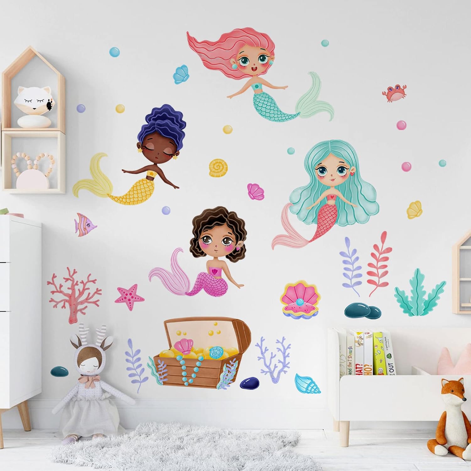 Mfault Baby Girls Black Mermaid Under The Sea Wall Decals Stickers, Multicultural Ocean Creatures Nursery Decoration Bedroom Playroom Art, Coastal Beach Shell Bubble Kids Room Bathroom Home Decor