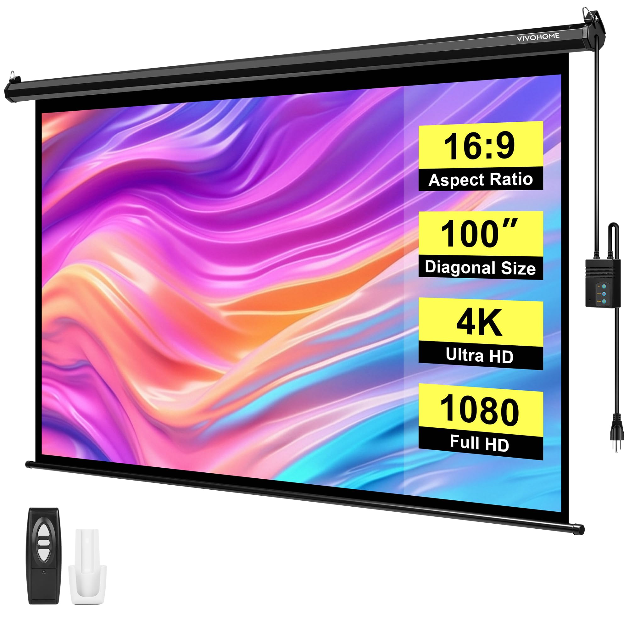 Motorized Projector Screen with Remote, 16:9 100 Inch Auto Electric Projection Screen, HD 4K Movie Screen for Home Theater, Cinema, Office (87 x 49 Black)