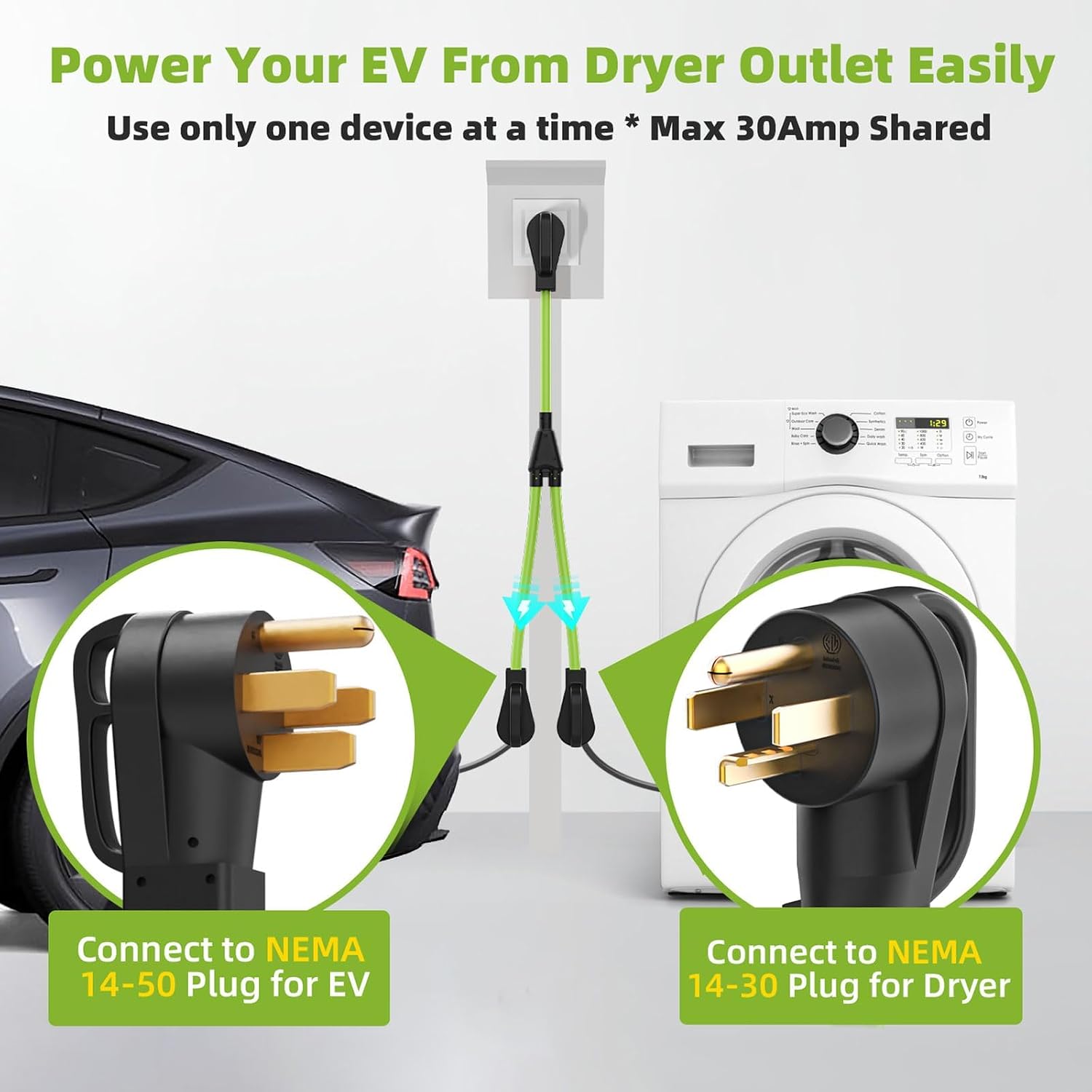 30 Amp 4 Prong Dryer Y Splitter to EV/RV Charging, NEMA 14-30P to 14-50R/14-30R 4-Prong Adapter Cable, Heavy-Duty 10 AWG 250V Power Cord for Dryer Outlet, 3ft, ETL Listed