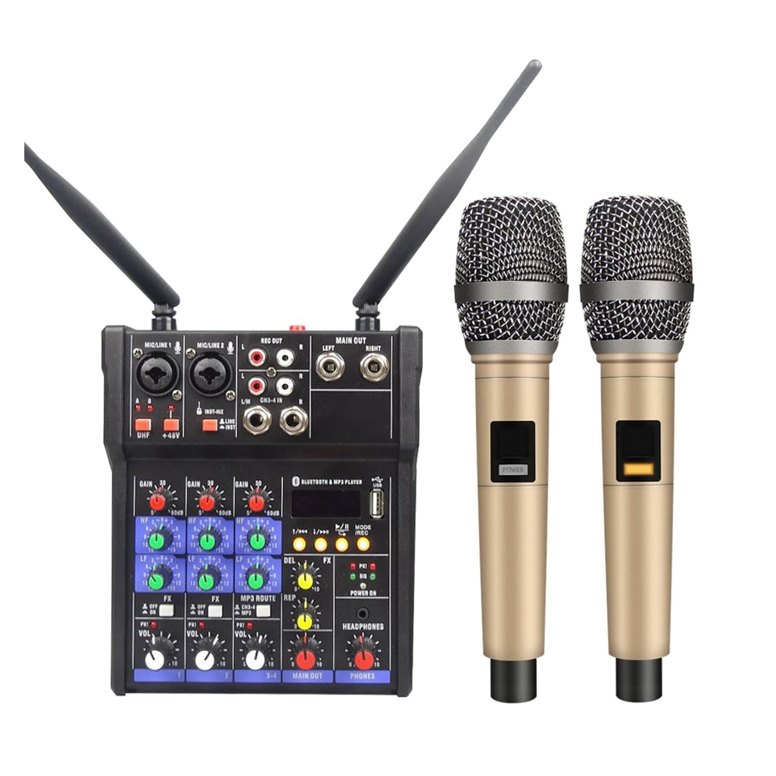 Kit Scheda Audio Mixer A 4 Canali con Microfono Wireless per Computer Dj Mixing Console Interfaccia Scheda Audio Phantom Power Studio Setup per La Registrazione,