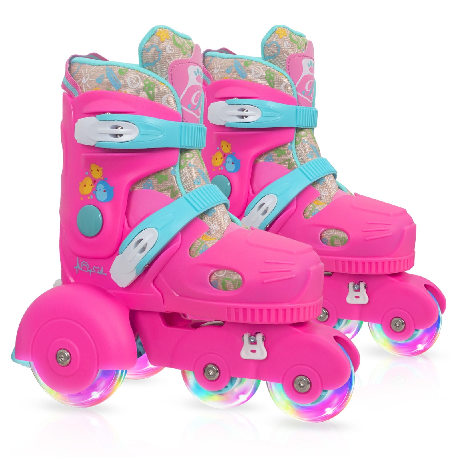 MammyGol Adjustable Roller Skate for Todder Kids Beginners First Pair of Rollerskates for Boys and Girls Pink Teal 3-Point Balance with Illuminating Wheels Size XS/S
