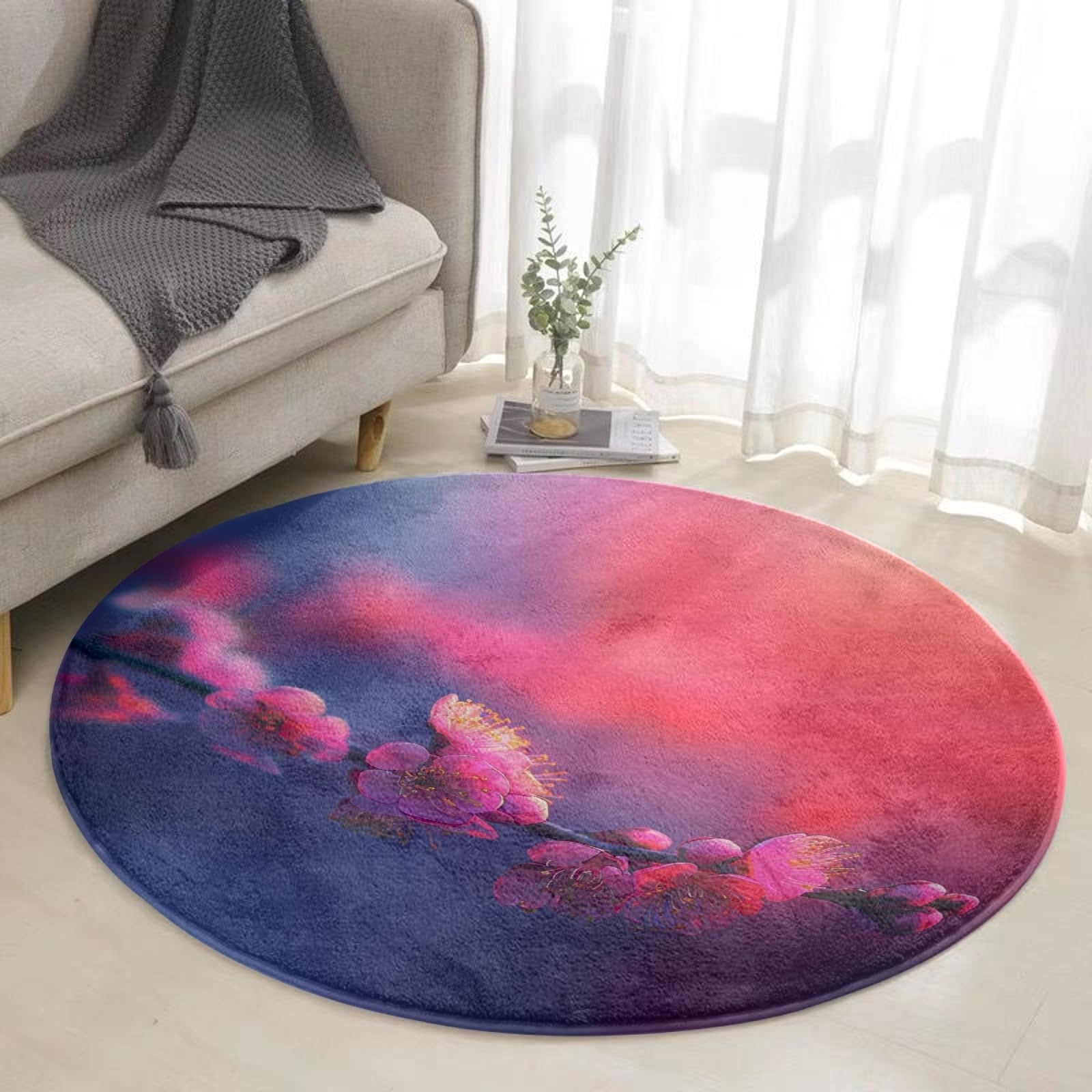 Teppich Rund 200Cm Waschbar Schöne Blumen Rutschfester Kurzflor Teppich Wohnzimmer, Schlafzimmer Carpet für Büro ， Eingangsbereich, Kinderzimmer