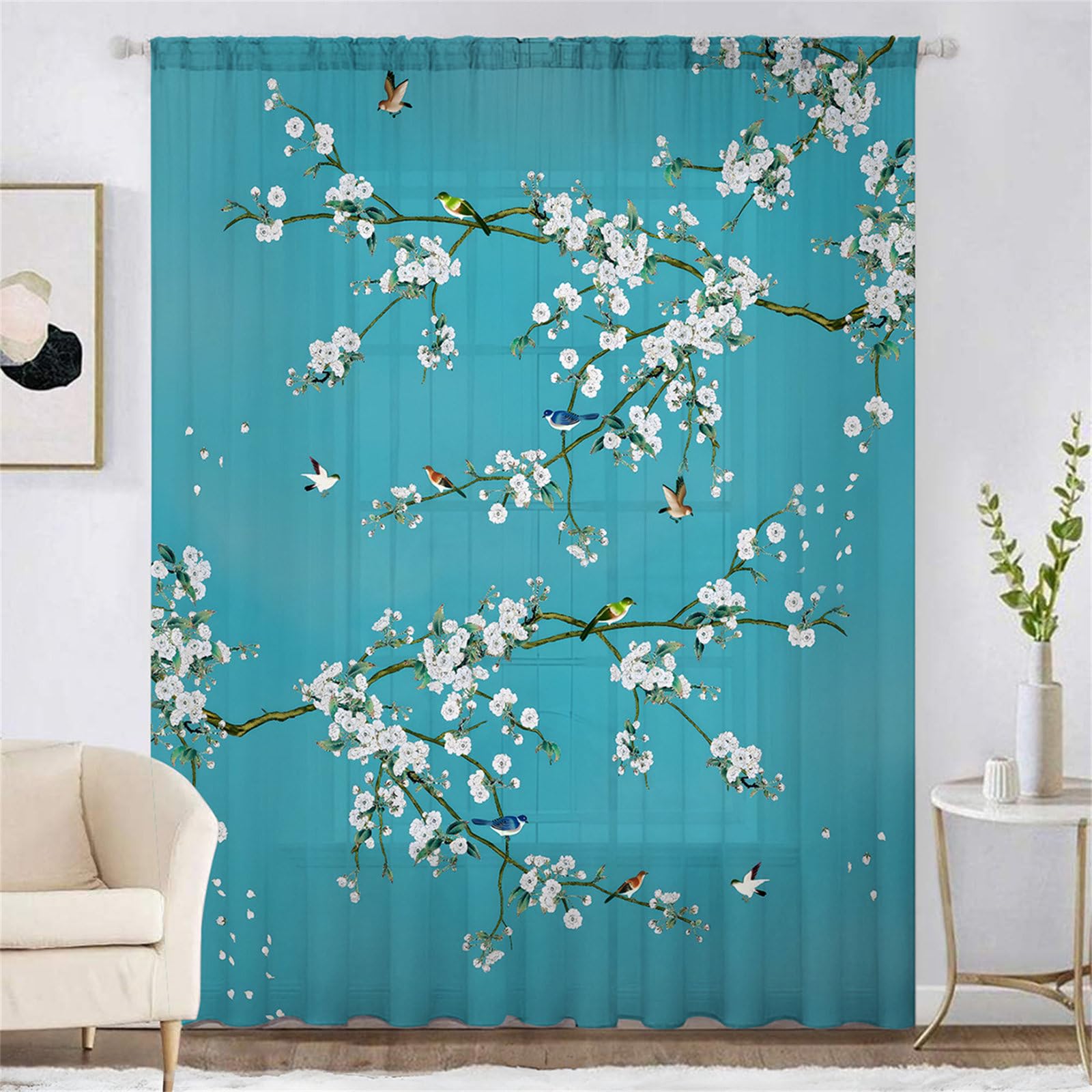 Surwin Net Curtains for Windows, 1 Panels Voile Curtain, Flower and Bird Series with Eyelets, Semi Transparent Lightweight Voile Panel for Living Room Bedroom Balcony (Aqua,W132xH213cm)