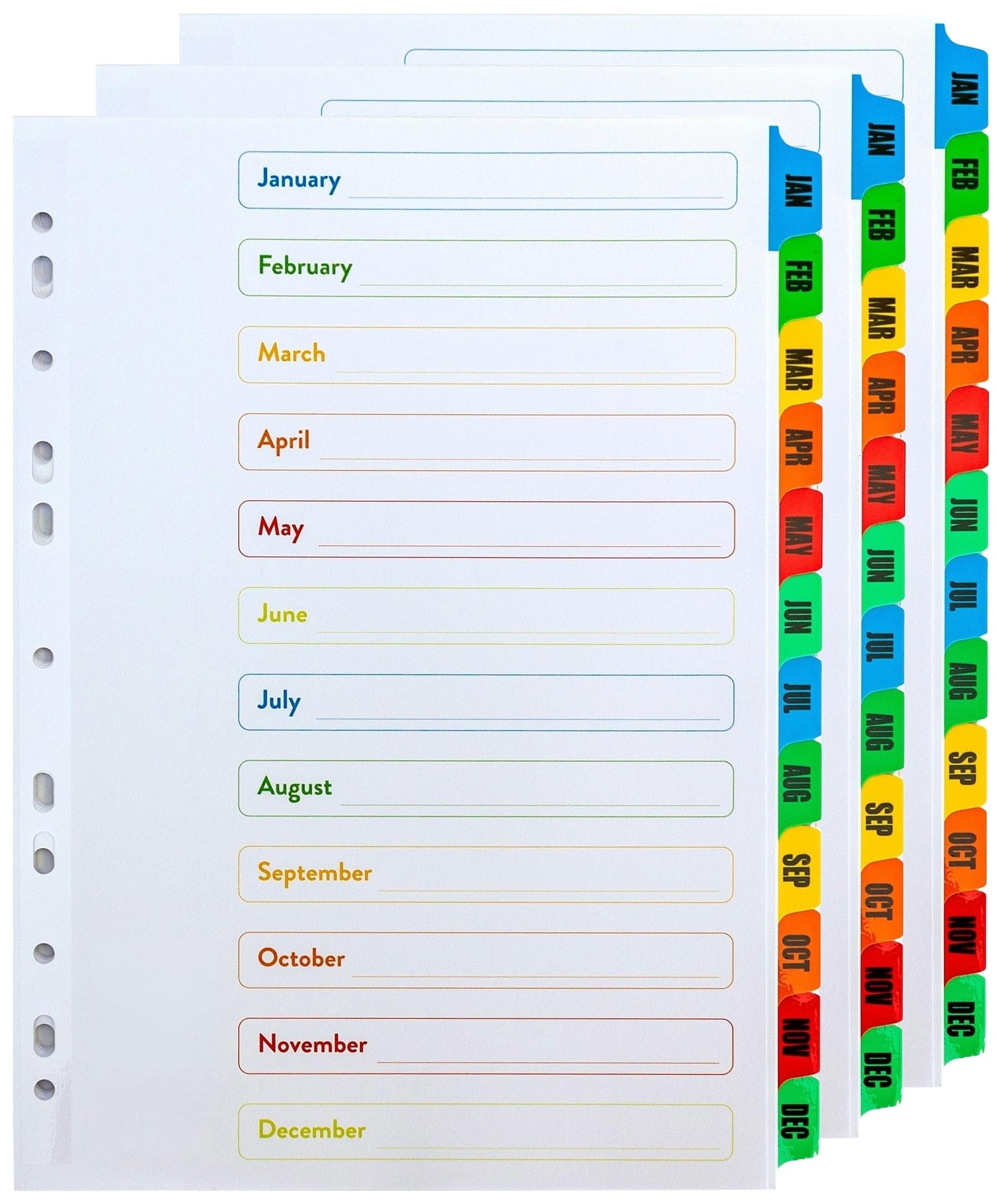 A4 Jan-Dec Monthly 12 Part File Dividers (3 Pack) January to December Mylar Reinforced Plastic Multi Coloured Index Tabs Multi Punched