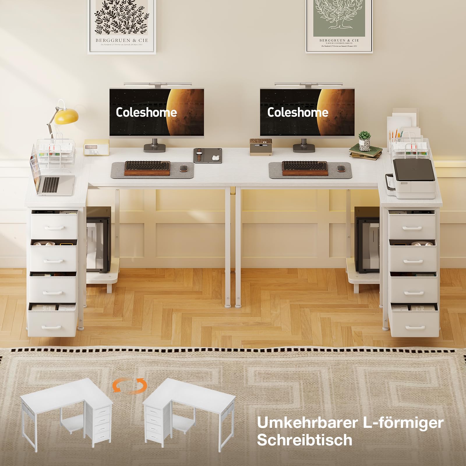 Coleshome Eckschreibtisch, 100x70cm Schreibtisch L Form mit 4 Schubladen, Umkehrbarer Computertisch for Büro Arbeitszimmer Schlafzimmer, Weiß