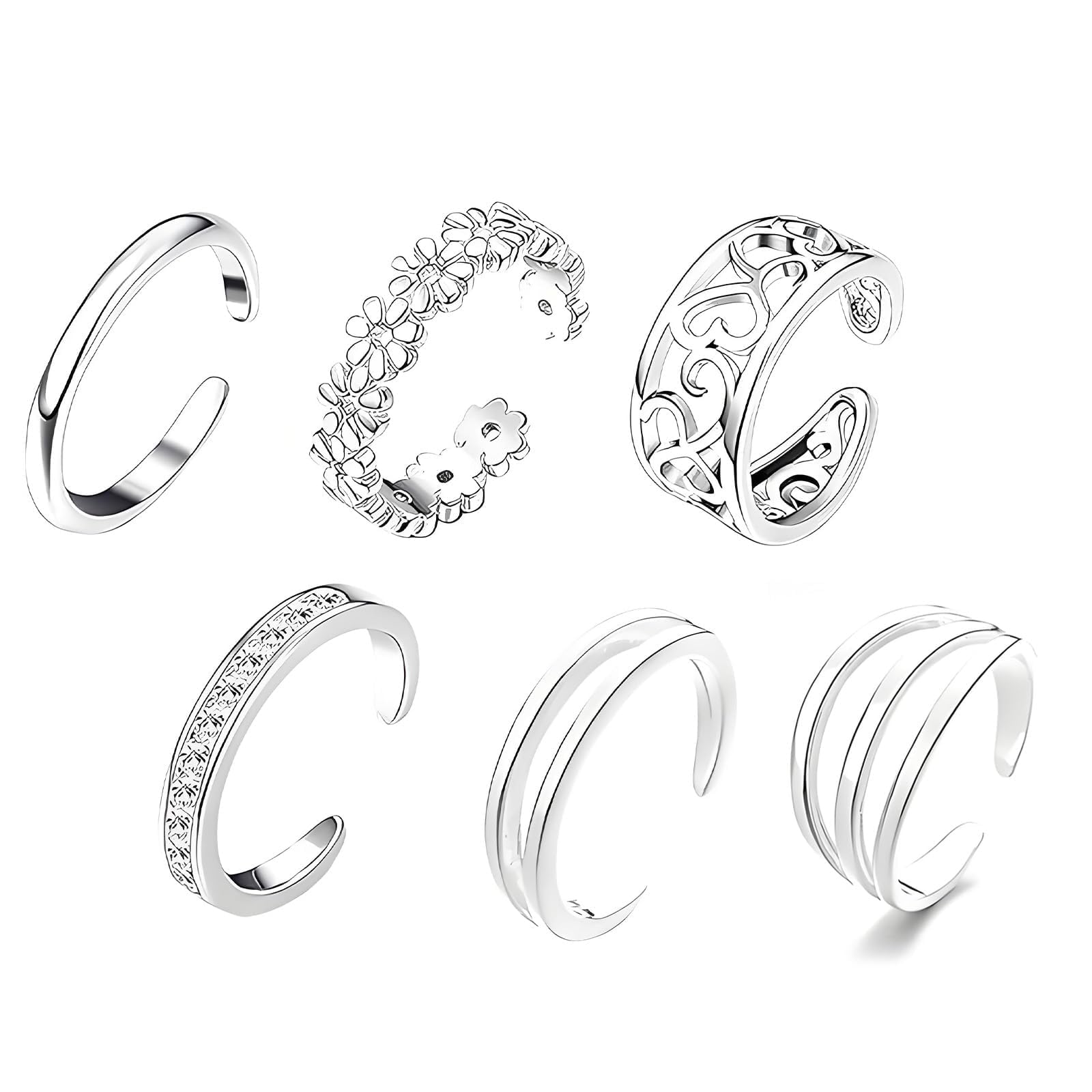6 PCS Adjustable Silver Toe Rings Set, Stylish Fashion Silver Jewellery for Women, Lightweight Daily Beach Foot Accessories-image-11