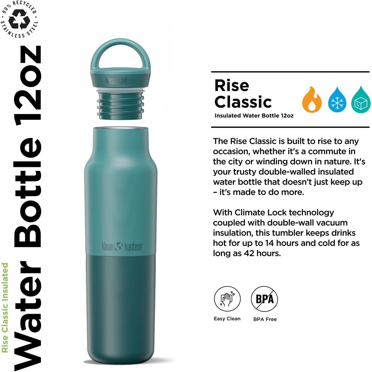 Klean Kanteen Rise Classic Insulated Water Bottle - Keeps Drinks Cold for 42 Hours - Stainless Steel - Insulated Water Bottle - Leak & Sweat-Proof - Arch Loop Cap - 12 oz - Brittany Blue - Image 2