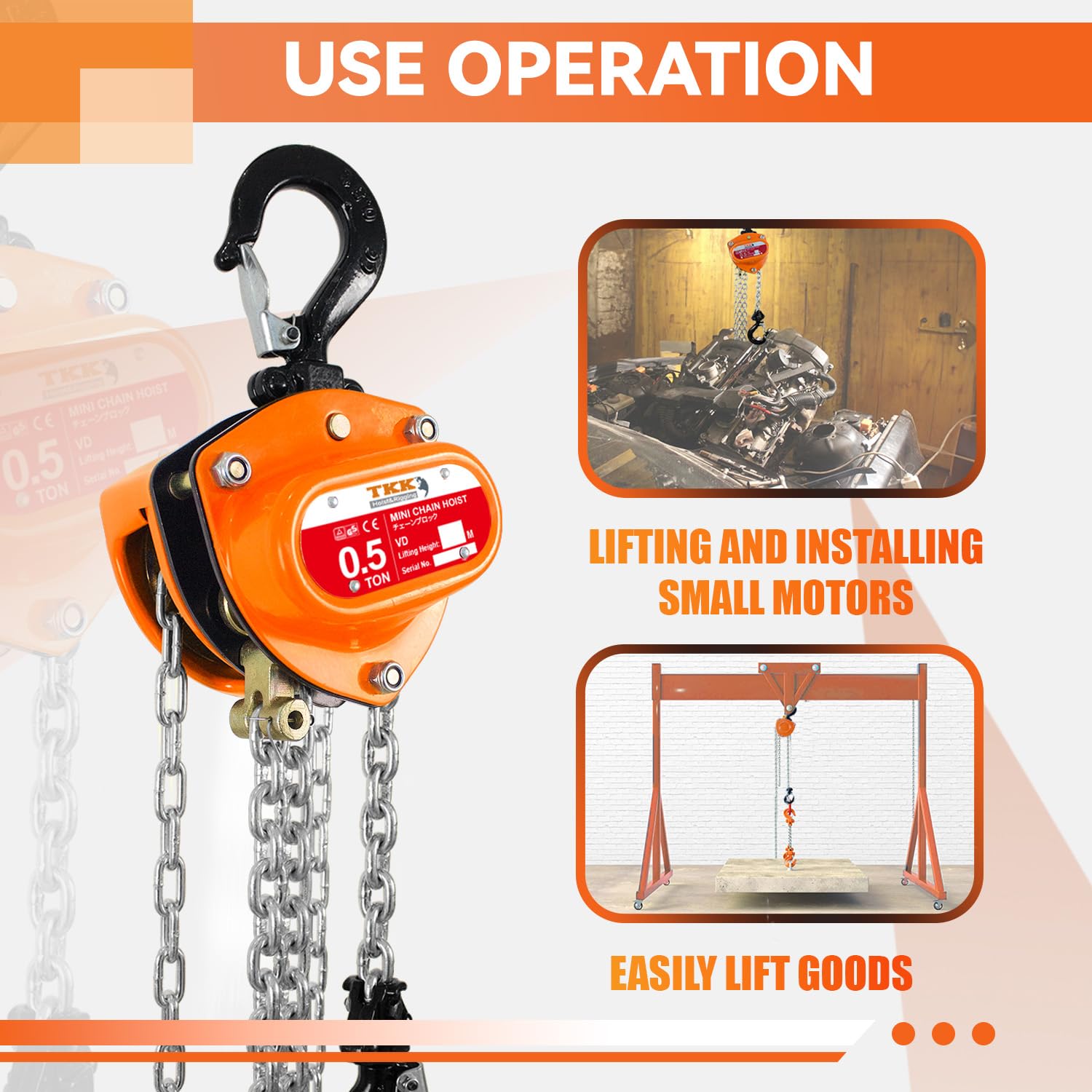 TKK Paranco a catena da 1/2 tonnellata, capacità 499 kg, blocco manuale a catena da 3 m, con ganci resistenti e strutture di livello industriale per garage, magazzini, automobili e sollevamento