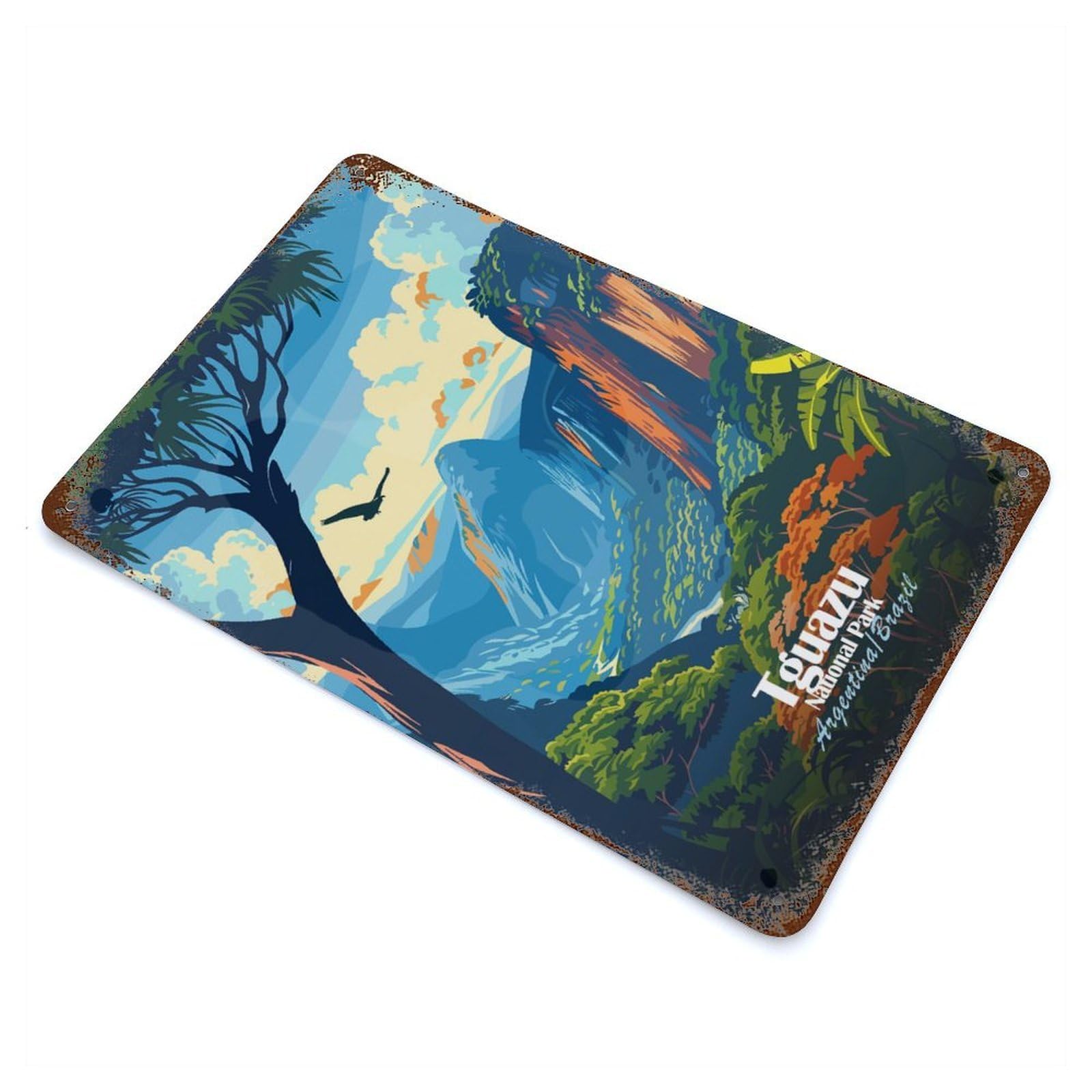 Iguazu National Park Illustration 11.8"x7.9" Rust Effect Tin Sign, Decorative Metal Wall Art for Garage, Bar And Workshop Decor