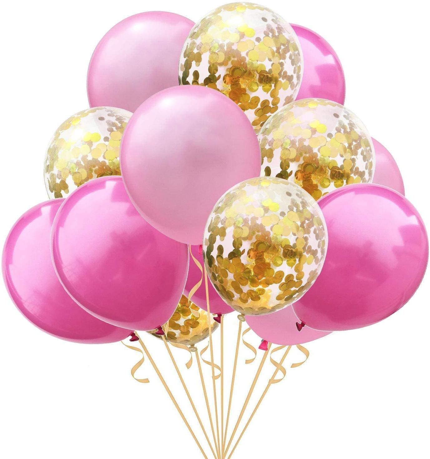 15Pcs 12inch Clear Latex Ballons and Golden Sequins Confetti Ballon Wedding Decoration Happy Birthday balloons Party Supplies, Pink &