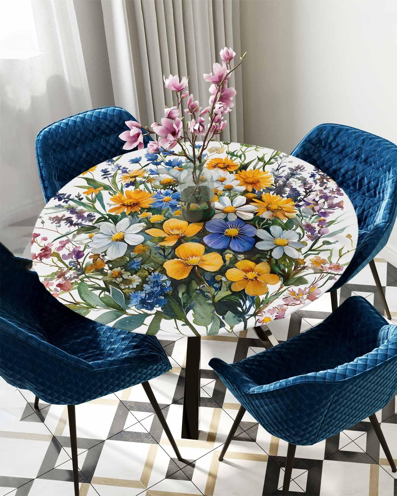 Spring Floral Round Table Cover 45-54 Inch - Waterproof Reusable Table Cloth Round Fitted Elastic Tablecloth for Party Outdoors - Yellow White Blue