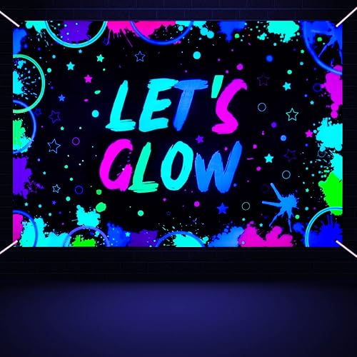 Glow Neon Birthday Backdrop - Glow in The Dark Let’s Glow Banner Background Black Light Themed Party Photography Background Splatter Paint Photo Booth Backdrop, 7x5ft (82.7 x 59 Inch)