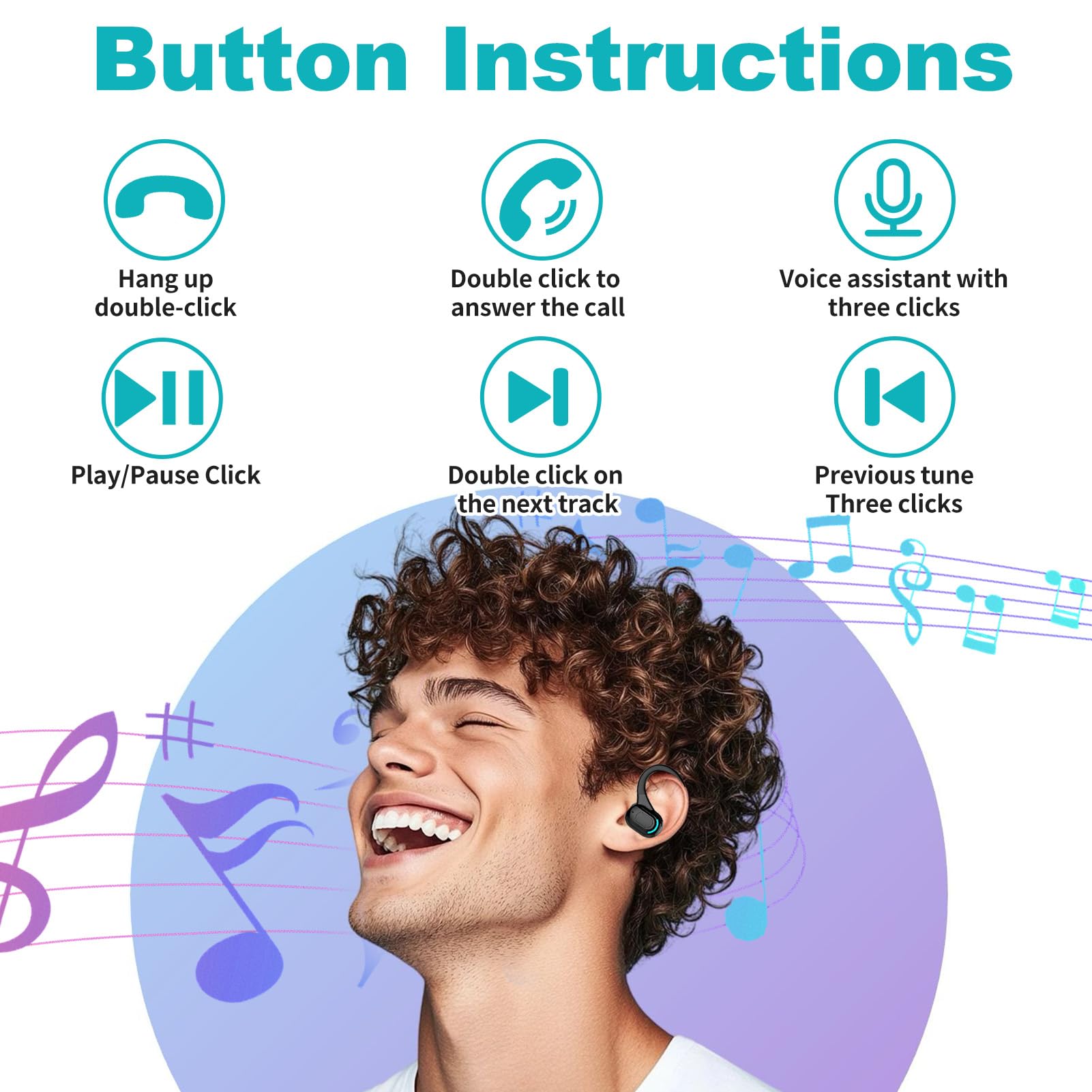 Auricolare Bluetooth Mono senza fili V5.2, microfono integrato a mani libere orecchio, 70 mAh, fino a 20 ore di riproduzione, design a 360° sopra l'orecchio, uso casco wireless per iPhone, Android e