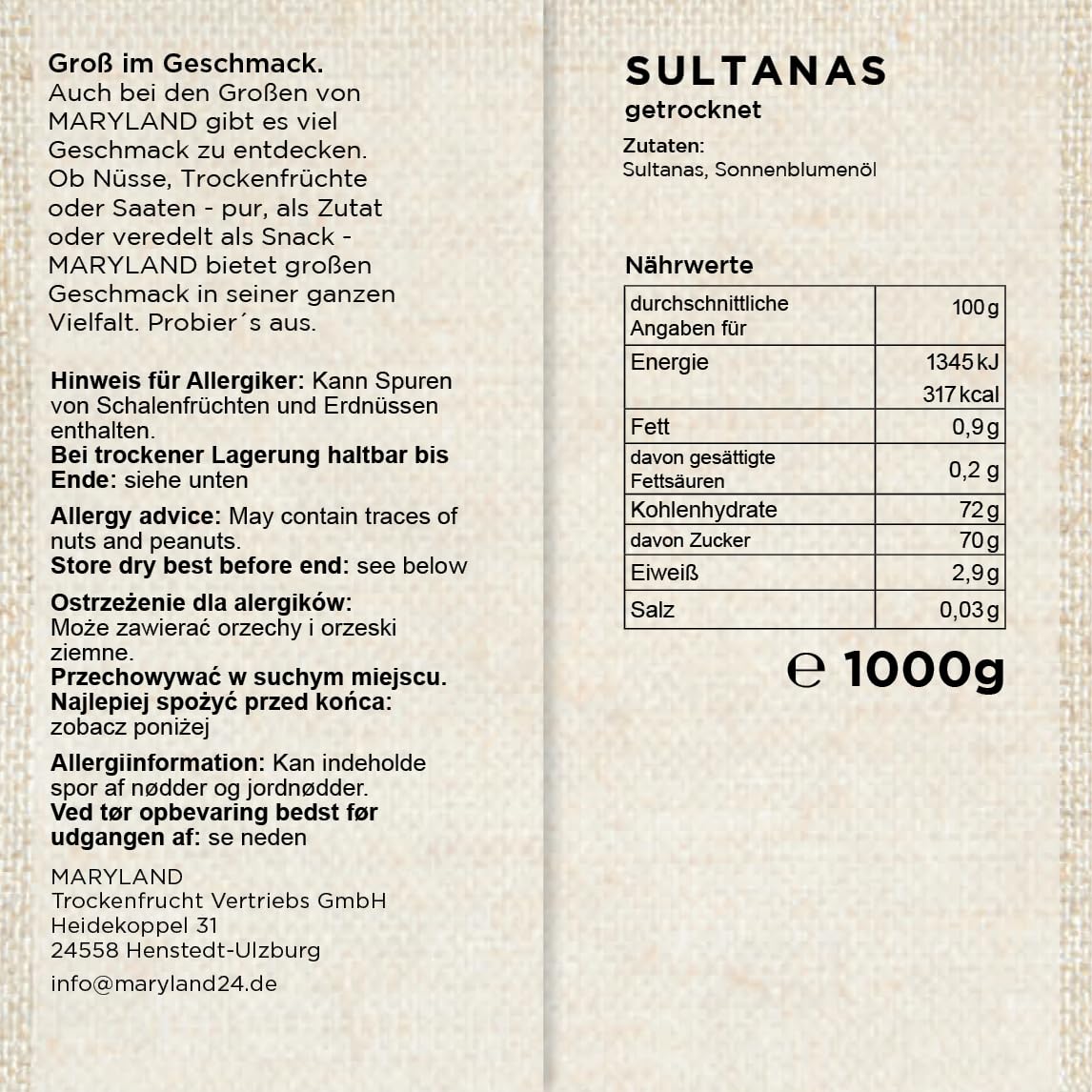 Maryland Sultanas 1000g Vorratspackung 4er Pack – Sultanas ungeschwefelt, natürlich süß ohne extra Zucker – Ohne Konservierungsstoffe – Perfekt zum Backen und Snacken im Großbeutel (4 x 1000g)