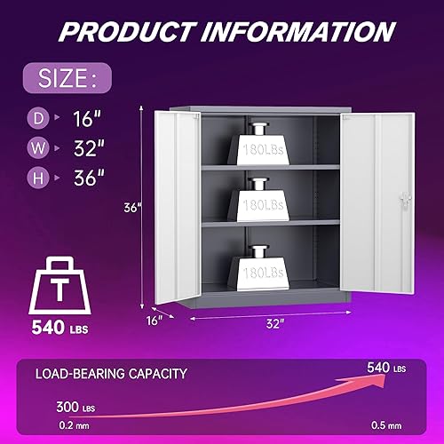 Miniatura 10 de Superday Armario de almacenamiento con cerradura, armarios de almacenamiento de garaje de 71 pulgadas con cerradura, gabinete de metal negro con 2