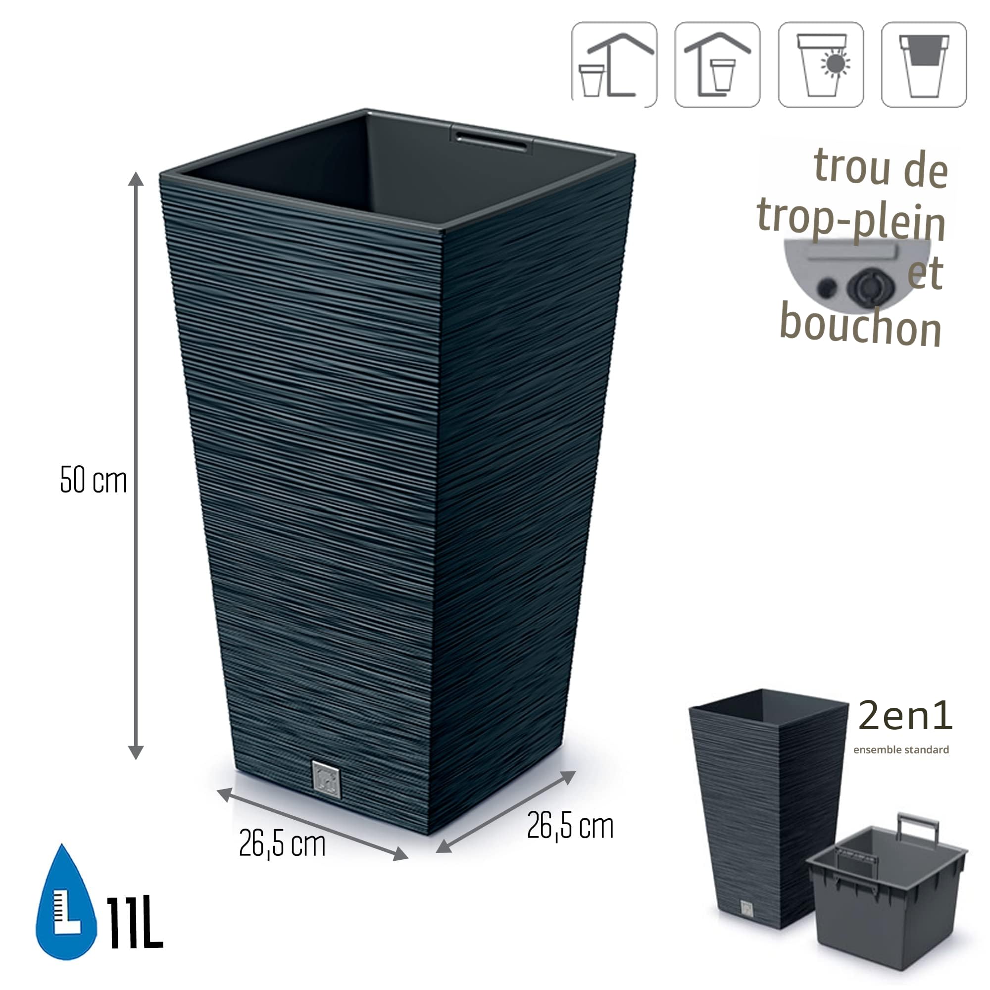 Pot de fleurs avec reserve d´eau 26x26x50cm anthracite - FURU