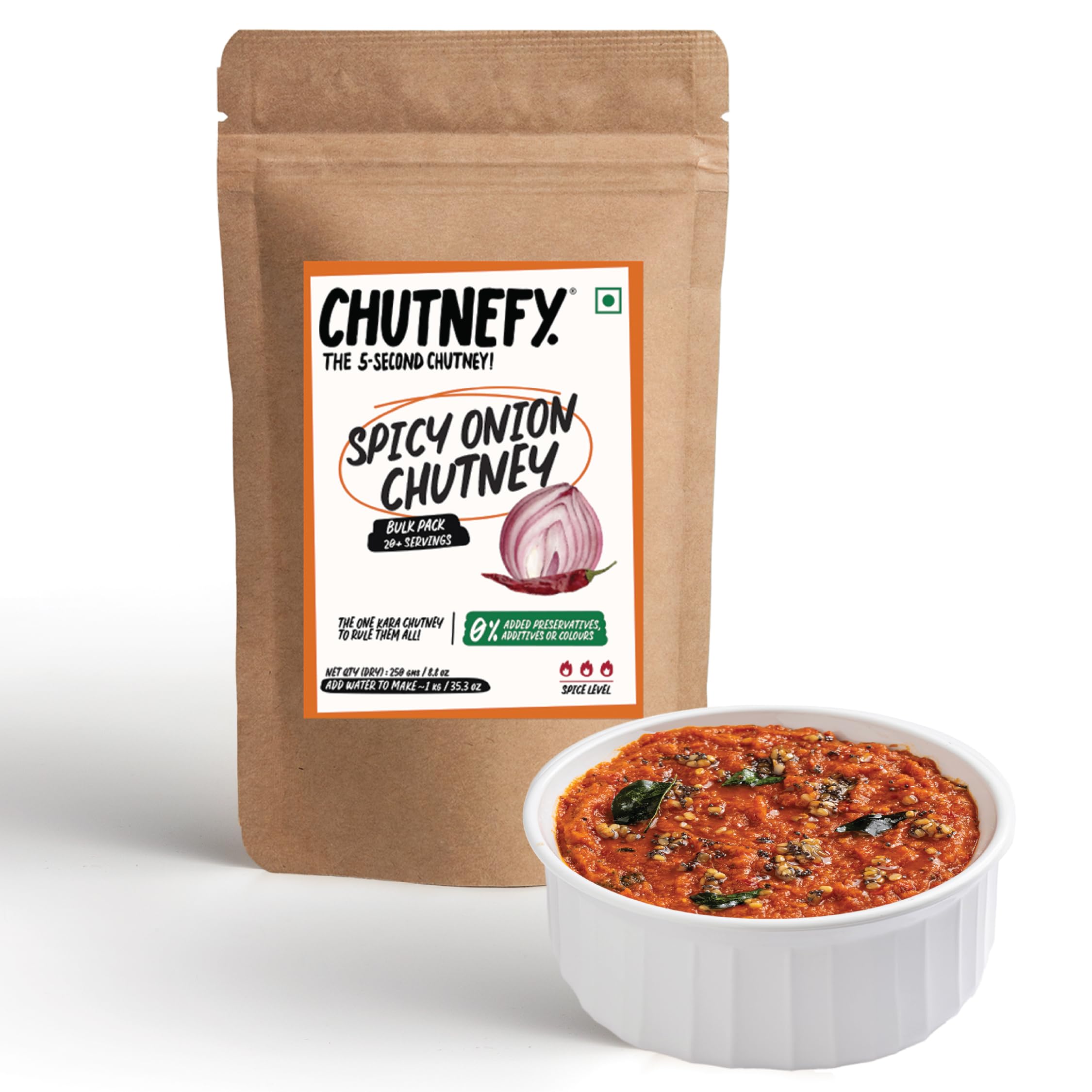 CHUTNEFY|Spicy Onion (Kara) Chutney|100% Natural Ingredients|250gms (Dry/Reusable Bulk Pack)|Add Water to Make 1000ml|20+ Servings|The All-time Classic Red Chutney