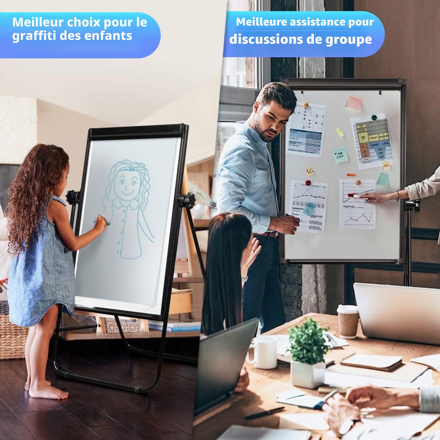 maxtek Tableau Blanc Effacable sur Pied 90 × 60 Cm, Tableau Blanc Magnetique avec Aluminium U-Support, Double Face Whiteboard Effacable à Sec, Mobile Paperboard Pliable Hauteur RéGlable