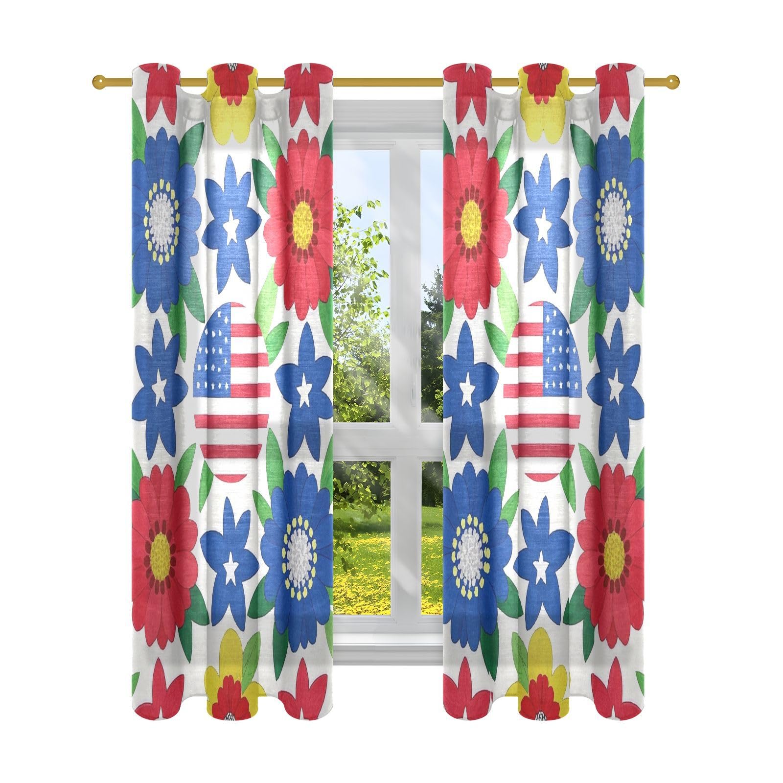 Rideaux occultants en lin motif fleurs rouges bleues salon longueur 160 cm