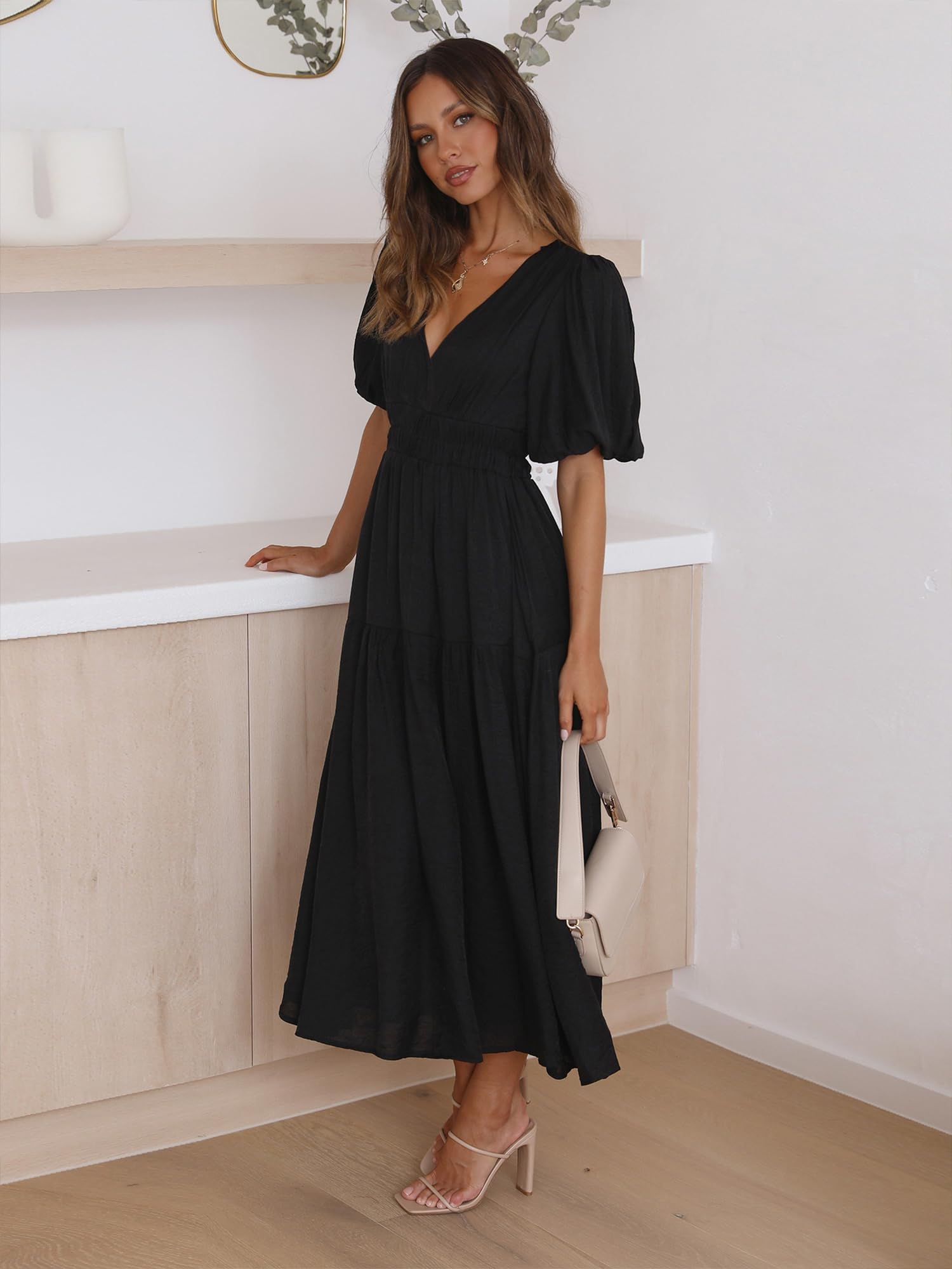 MessBebe Damen Sommer V-Ausschnitt Puff Sleeve Casual Kleider Solid Midi Kleid Rüschen Strandkleid