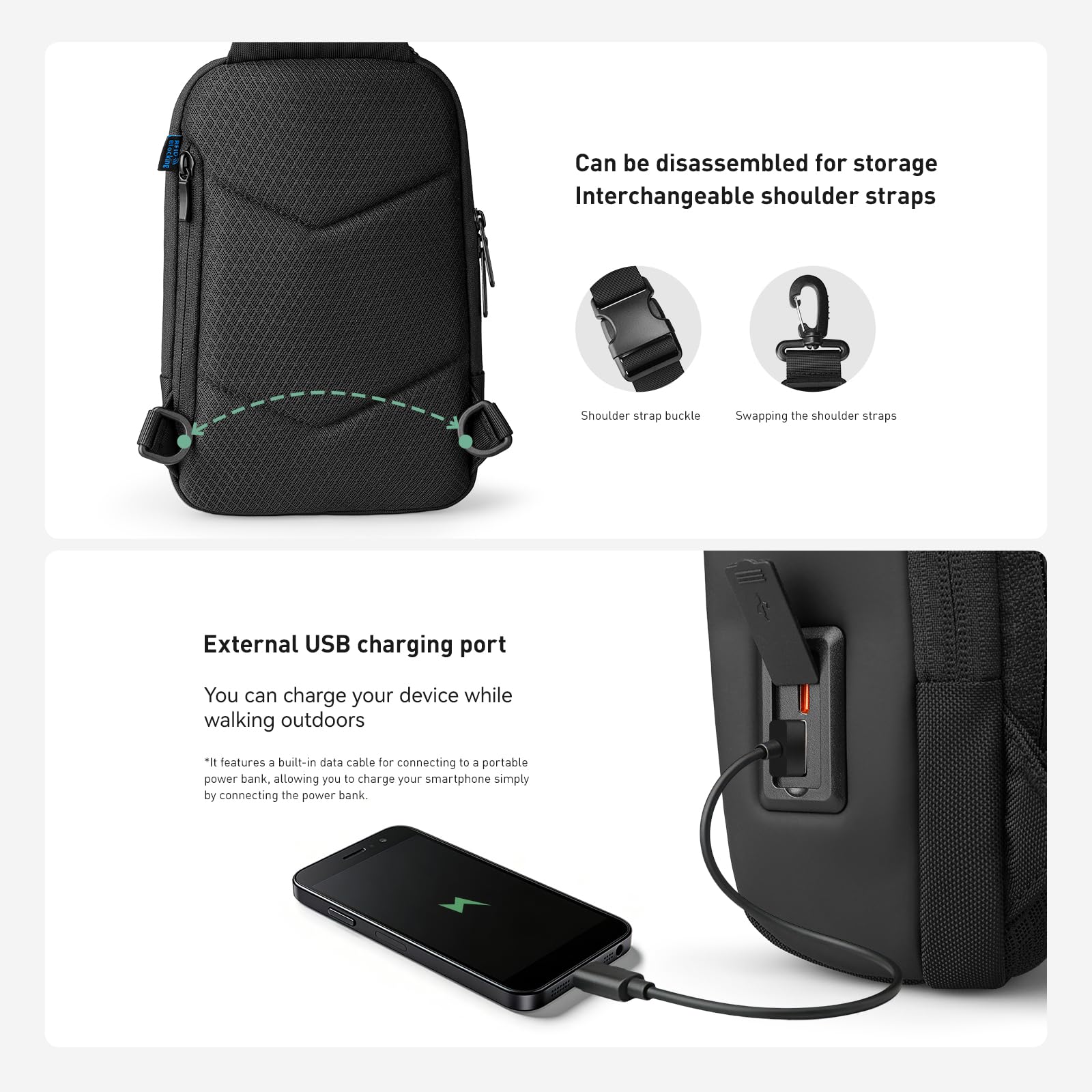 Muzee Mark Ryden - Borsa a tracolla ultraleggera da uomo, con porta USB e tasca antifurto RFID, impermeabile, per escursioni, lavoro | Ultraleggera