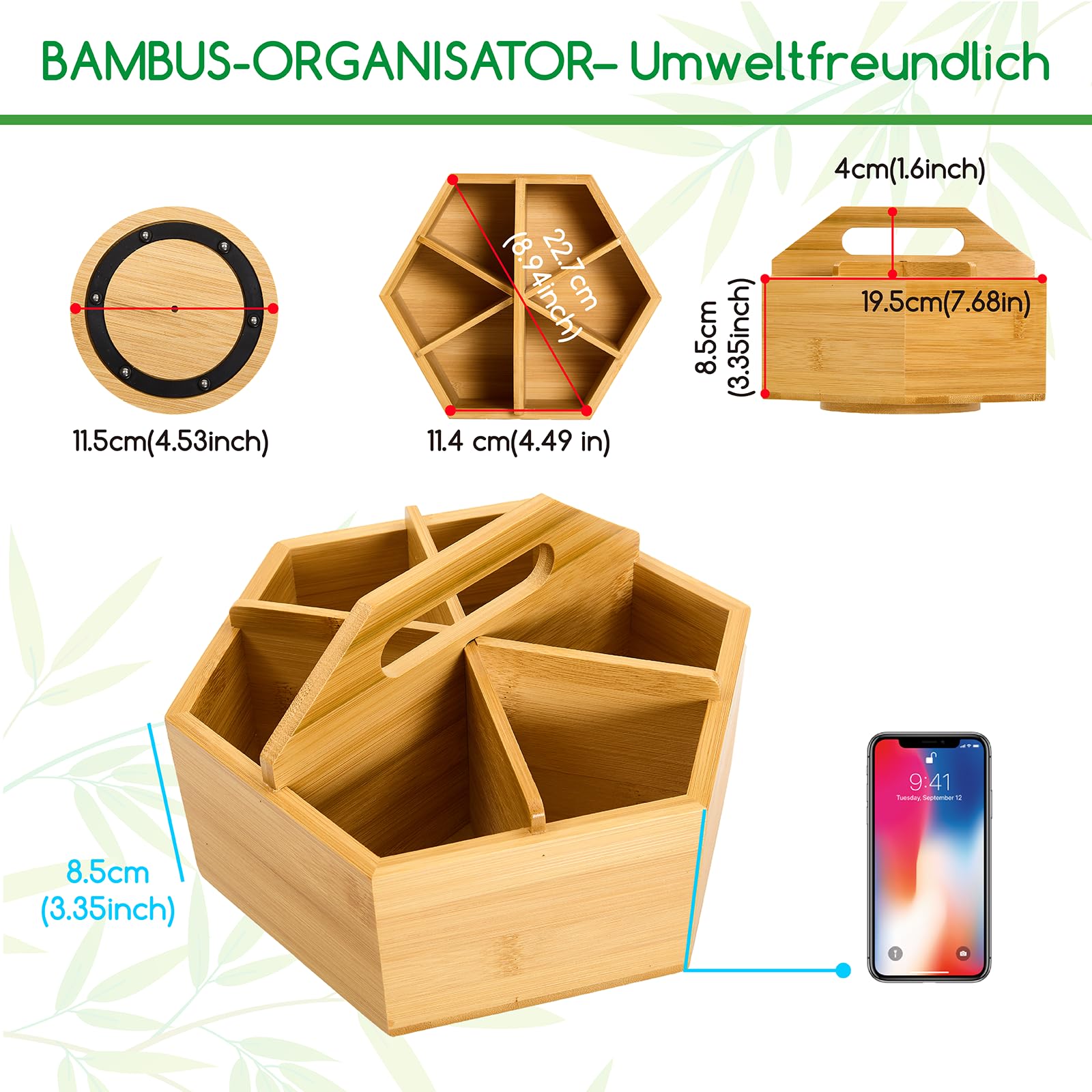 MEEDEN Bambus Schreibtisch Organizer 360° Drehbar：Stifte Organizer Stiftehalter für Marker/Buntstifte/Bleistifte mit Griff, Große Desk Organizer für Zuhause Büro Schule
