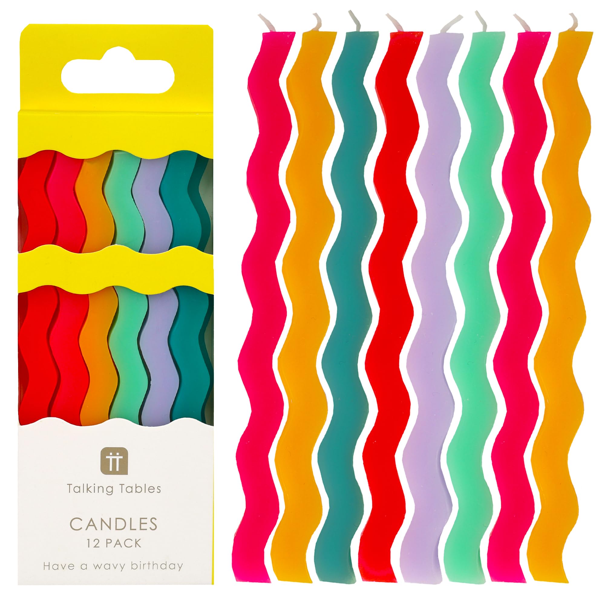Talking Tables 12 x Wavy Birthday Candles Cake Toppers Cake Decorations Rainbow Party Cake Decorations – Premium Quality Vibrant Curved Design Includes Holders – Birthday Candles for Cakes 12.5cm Tall
