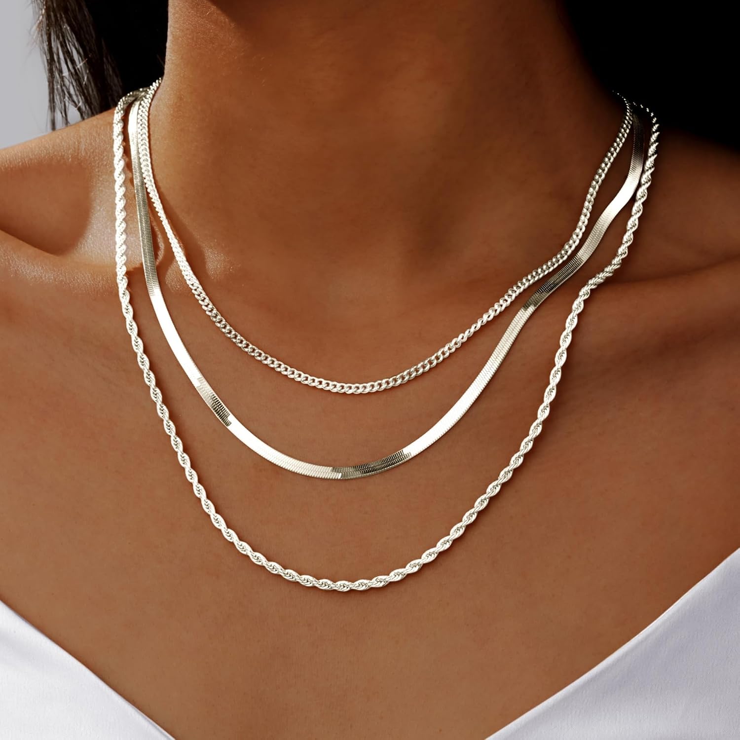 S925 Sterling Silver Plated Necklace Stack for Women,Waterproof Silver Layered Herringbone Rope Cuban Chains Sets for Teen Girls,Trendy Hypoallergenic Stackable Choker Necklace for Jewelry Gifts Adjustable 3 Piece