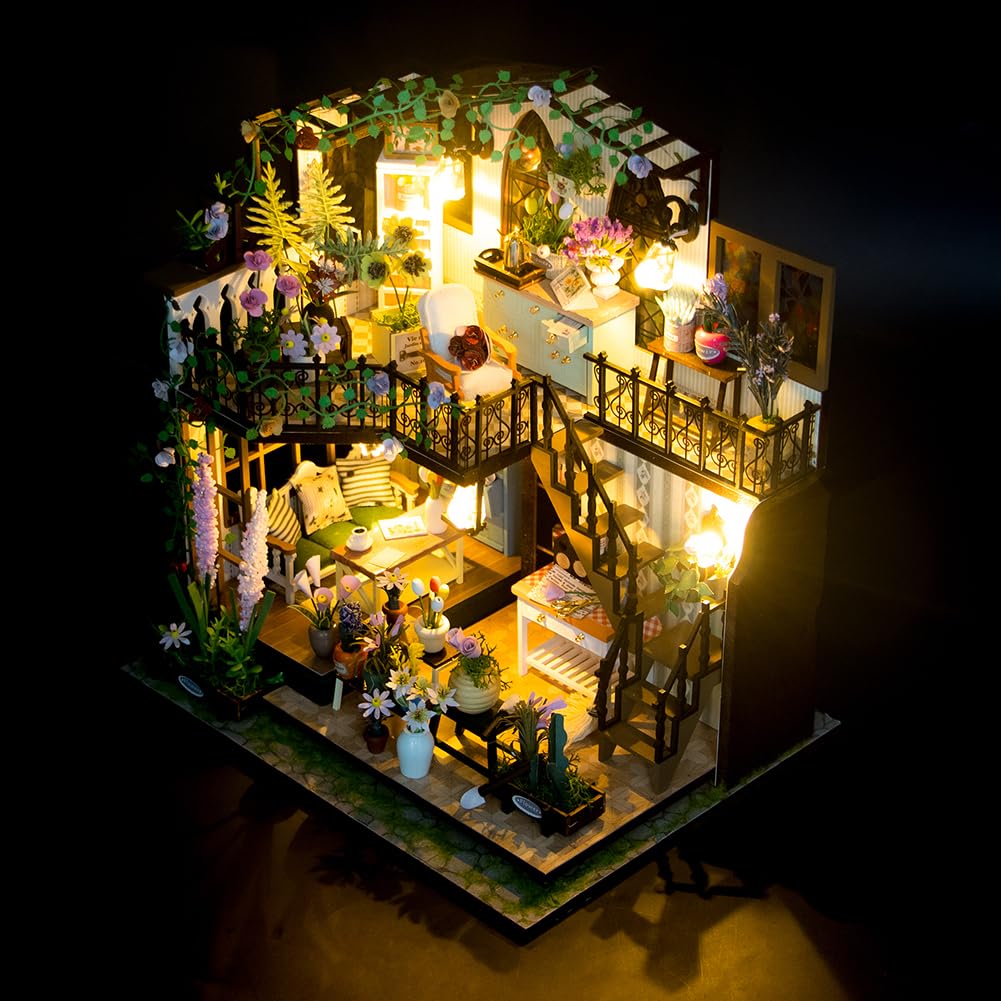 Kit casa delle bambole, serra, camera in miniatura fai da te con luce a LED, kit di costruzione in legno per adulti, casetta per fiori, regali per amici (senza copertura antipolvere)