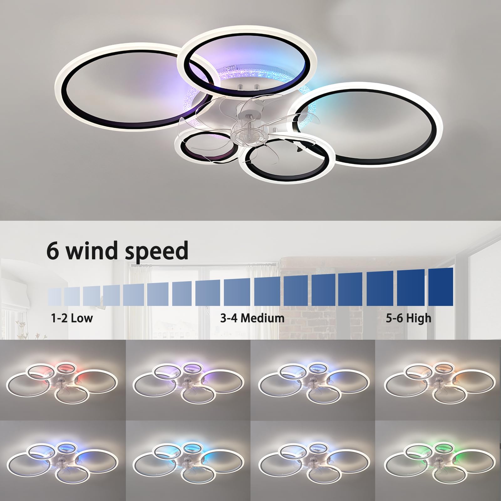 95cm RGB Deckenleuchte Mit Ventilator Groß Dimmbar, Reversibel Deckenleuchte Mit Ventilator Und Fernbedienung App, Modern Deckenventilator Mit Beleuchtung 72w Wohnzimmer Leise Timer-Black
