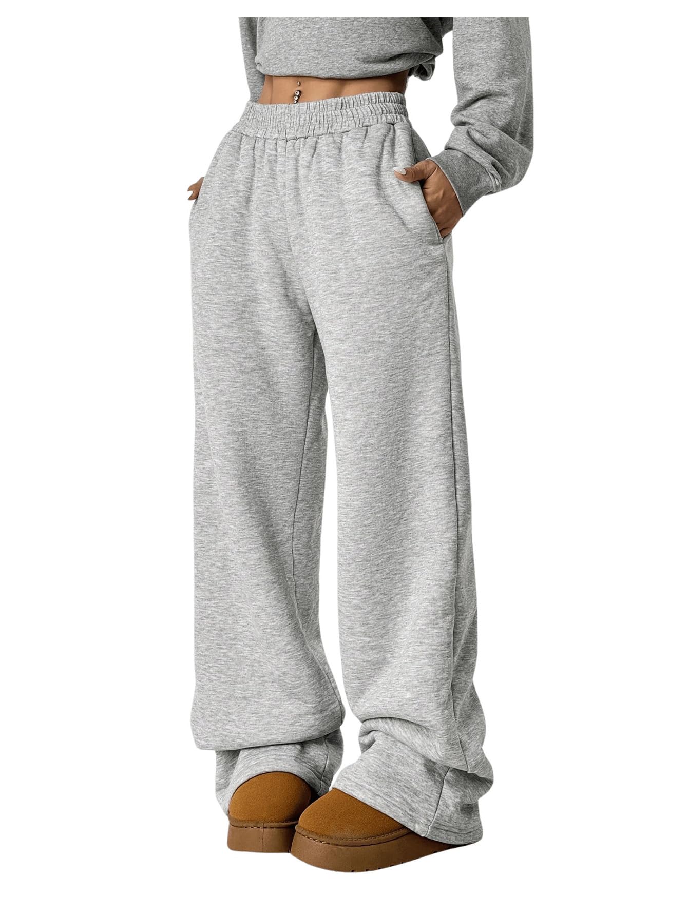 SOLY HUX Women's Elastic High Waisted Sweatpants Wide Leg Baggy Fleece Lined Pants with Pockets