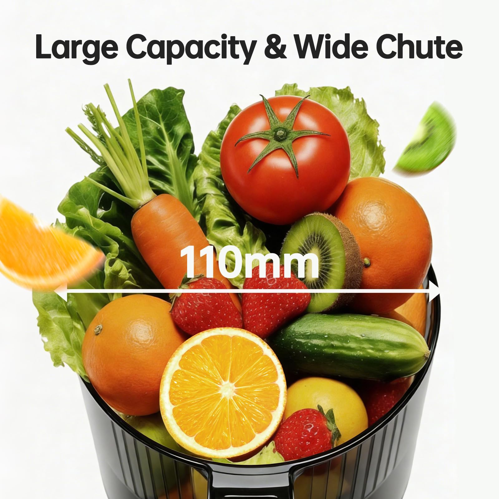TJean Estrattore di succo a freddo con bocchetta di riempimento da 110 mm per frutta e verdura intere, alta resa di succo, basso consumo energetico, facile da pulire, materiale Tritan privo di BPA